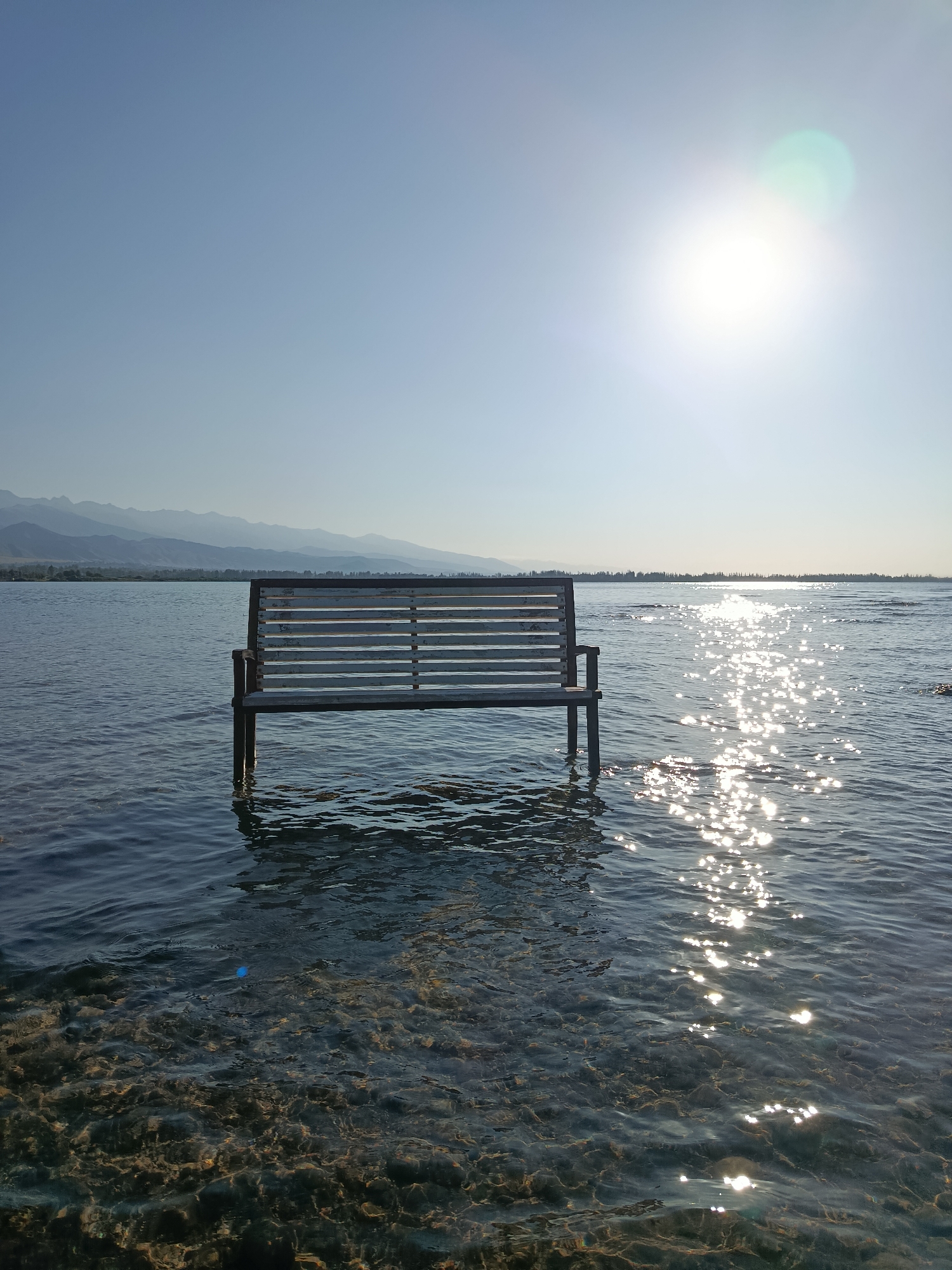Sunny lakeside scene with submerged bench, Kyrgyzstan