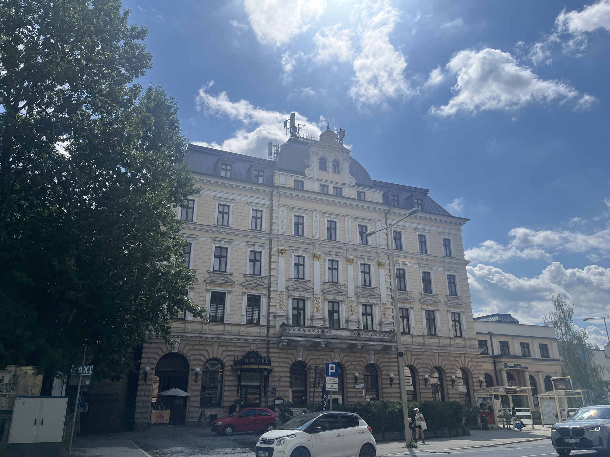 Morning walk through a European city center and shopping mall