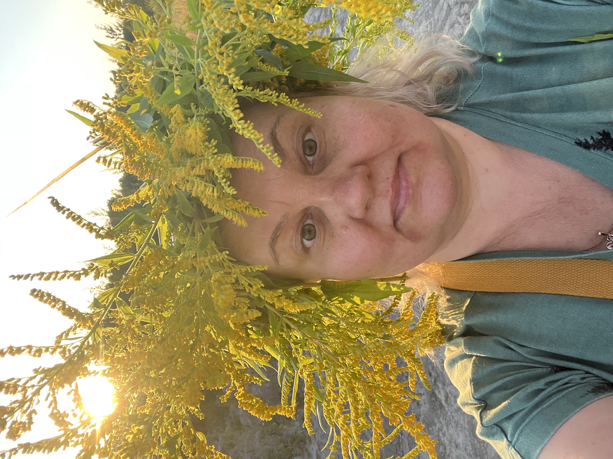 Flower crown and golden seed heads in a sun-lit natural setting