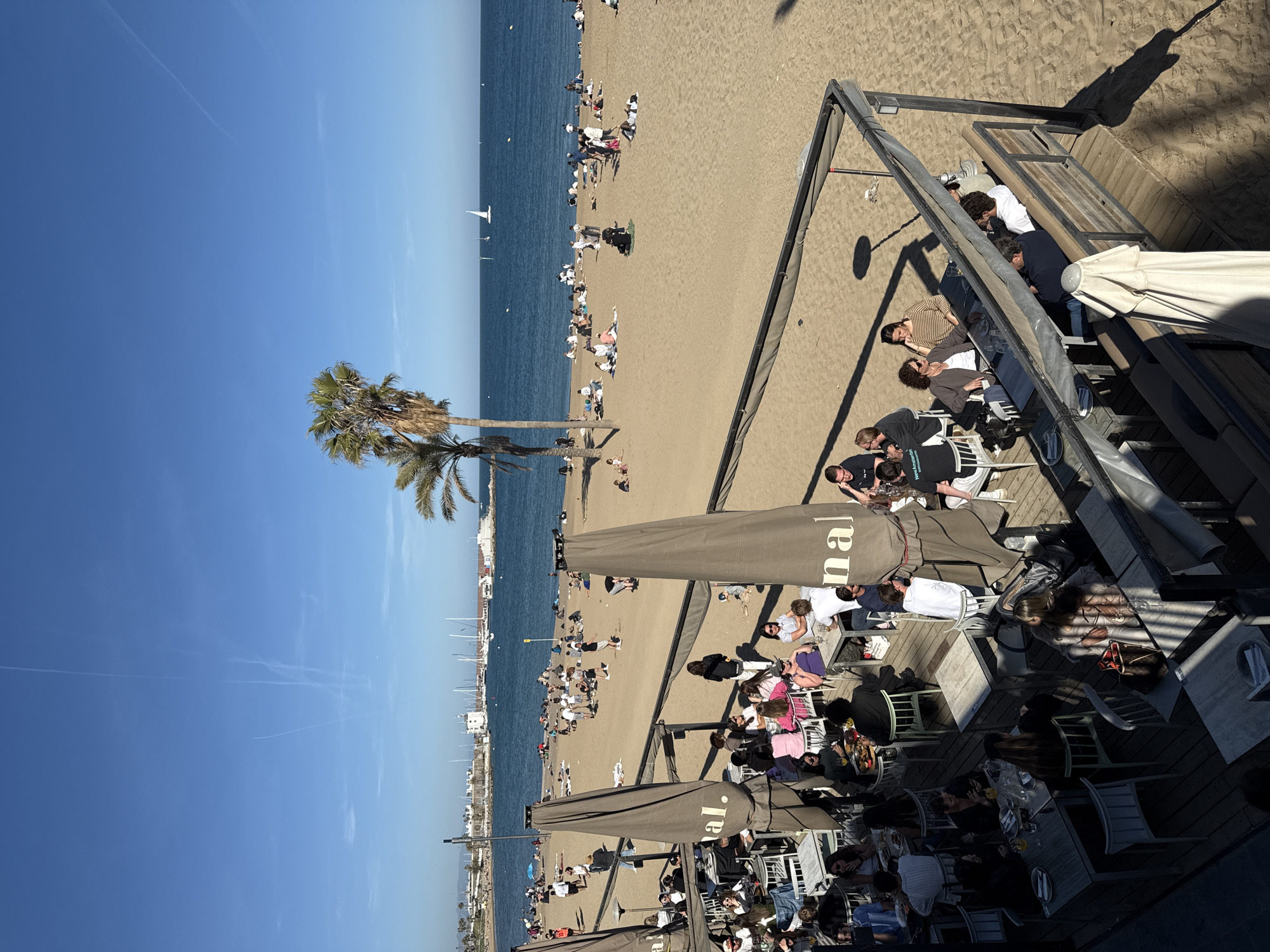 Busy afternoon beach scene captured in Barcelona, Spain