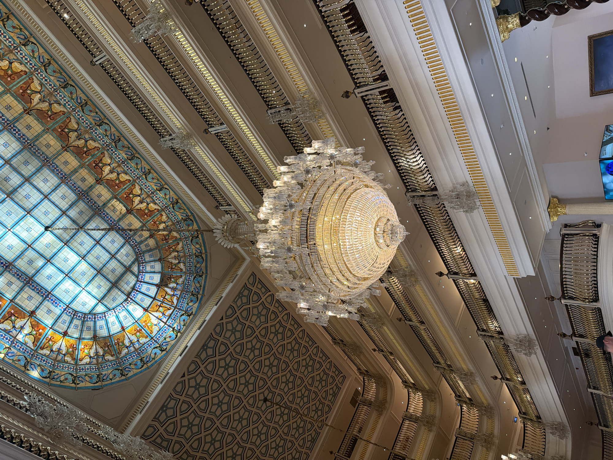 Ornate ceiling with crystal chandelier documented in Aksu, Turkey