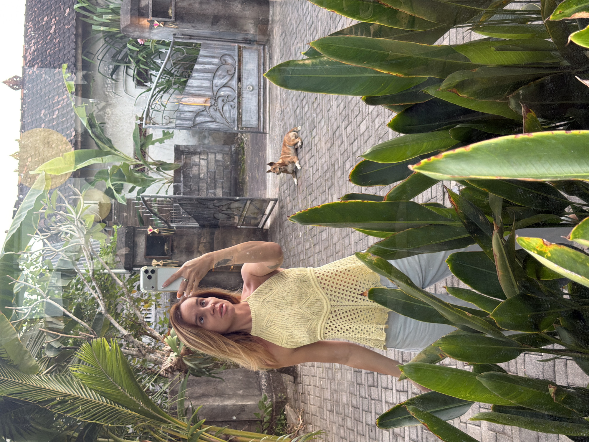 Tourist takes selfies with resting dog in Kuta Selatan