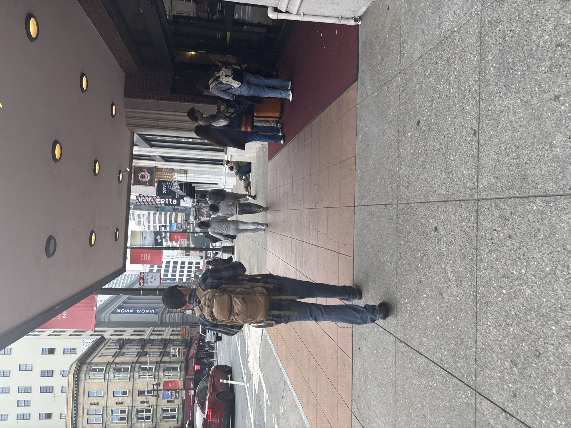 Evening in SF: streets, flags, and a hotel check-in