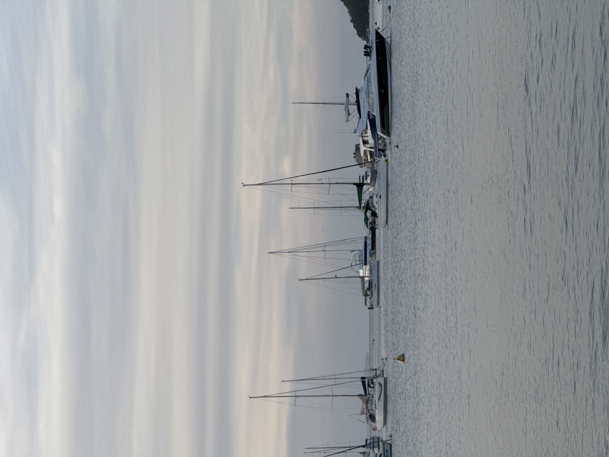 Quiet coastal waterfront at dusk, marina and beachside buildings