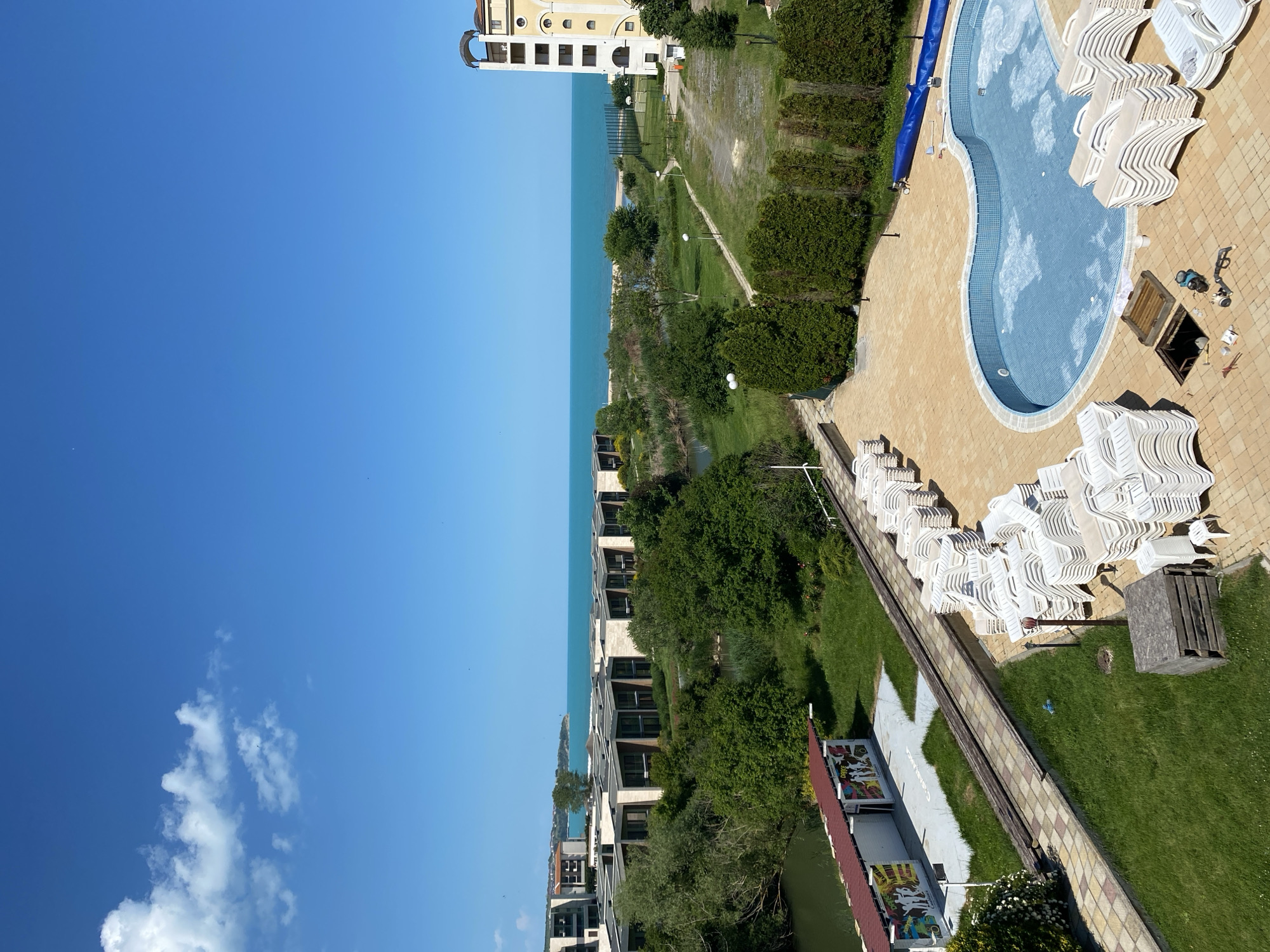 Aerial view captures Obzor Bulgaria coastal resort development