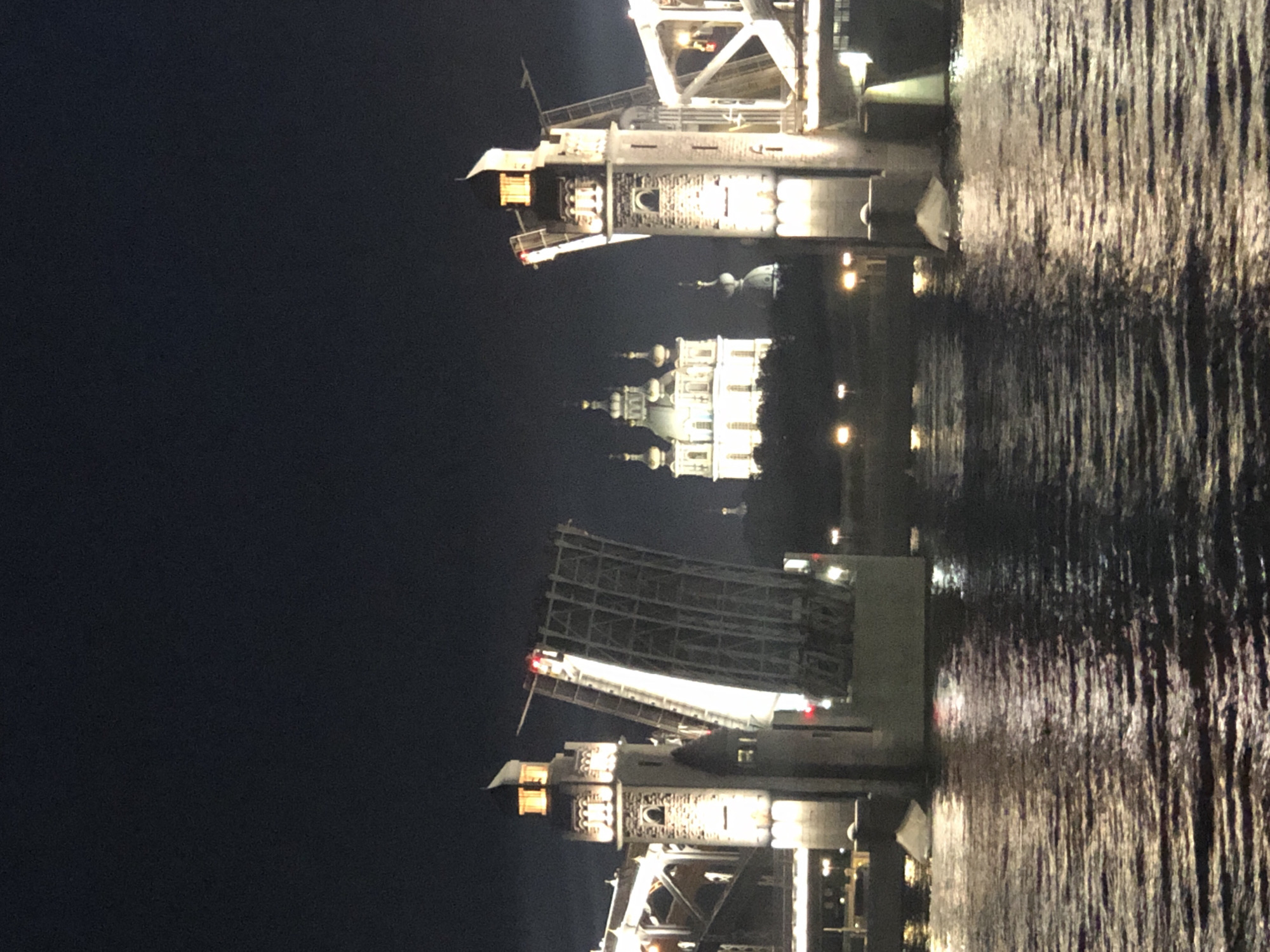 Bolsheokhtinsky Bridge draw spans raised on a St. Petersburg night