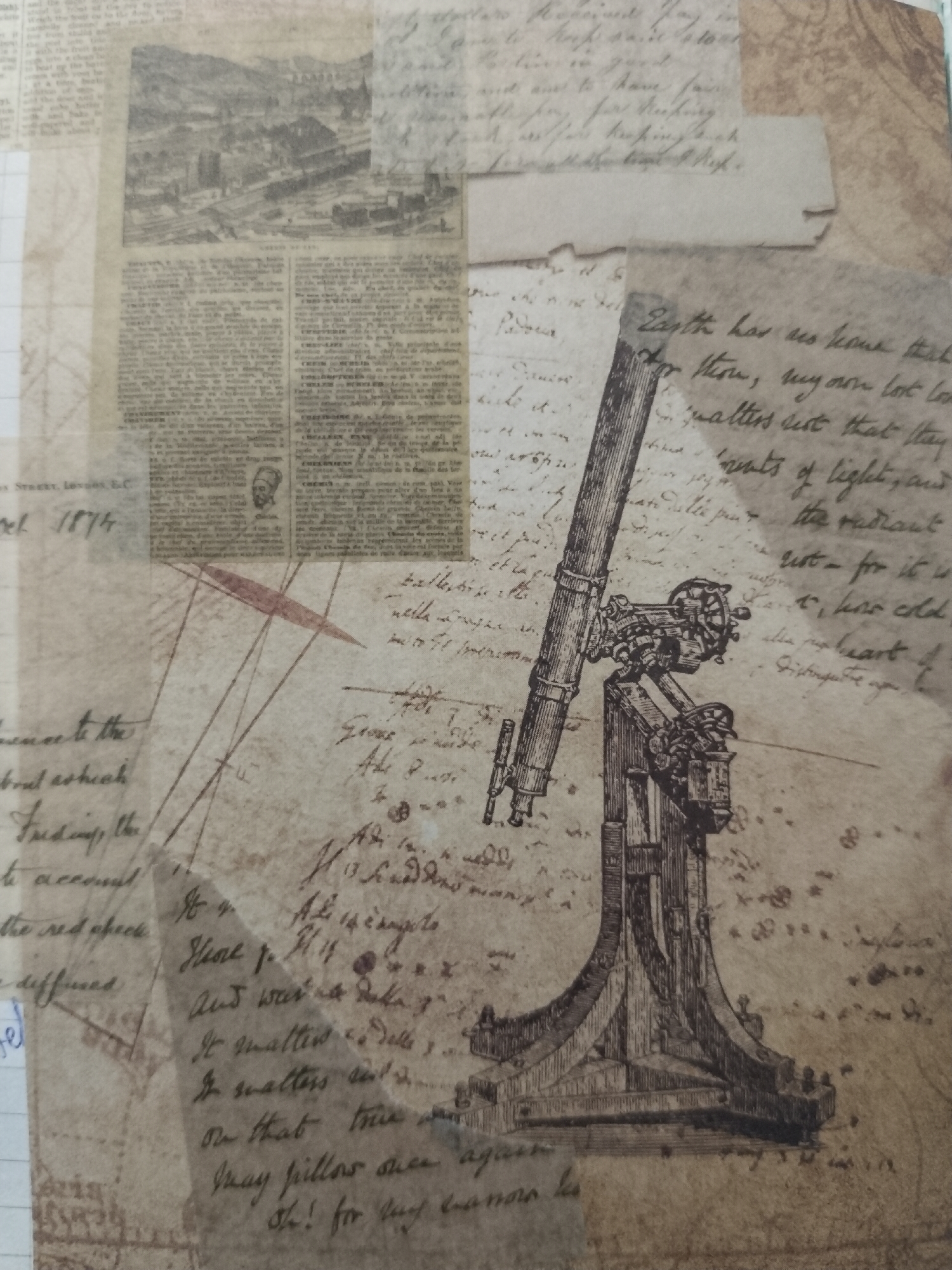 Vintage scrapbook collage pages layered with ephemera and stickers