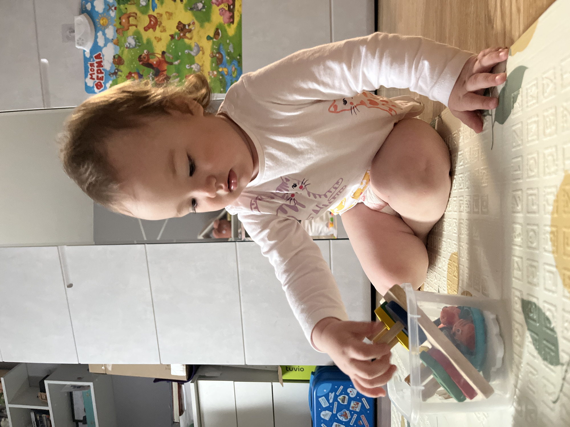 Baby plays with toys on mat in Shushary home