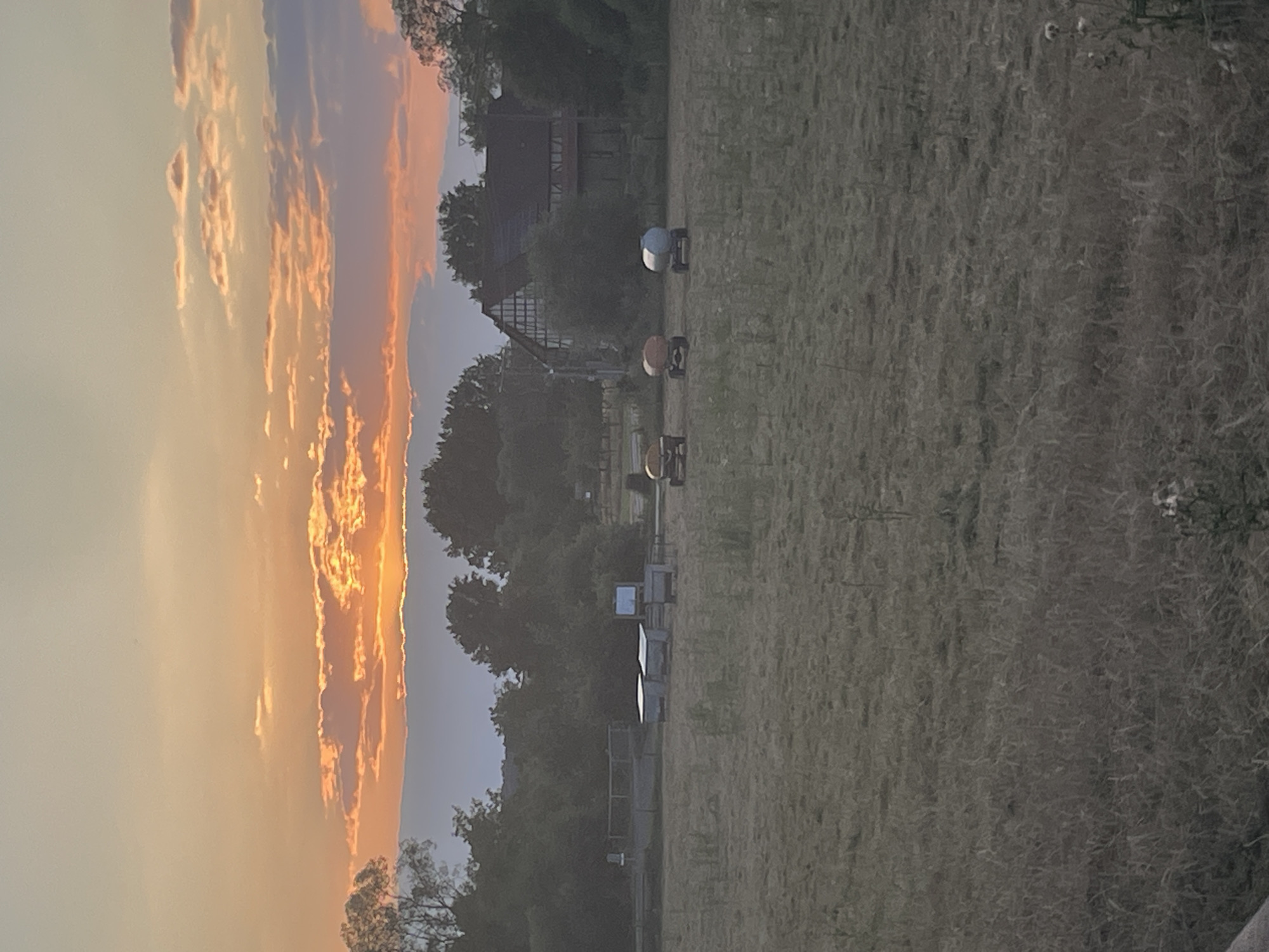 Sunset over a fenced field with hay bales in rural Germany