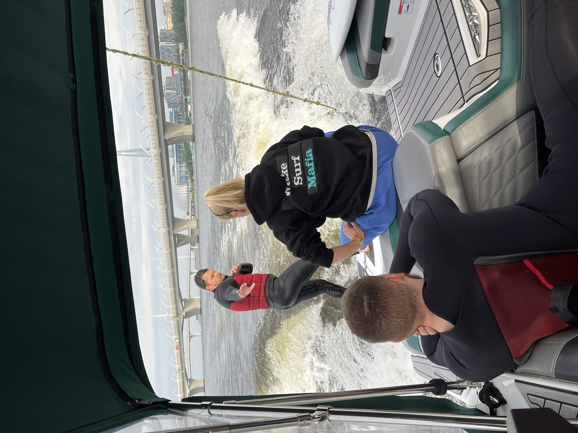 Wake surfing near Saint Petersburg's Western High-Speed Diameter bridge