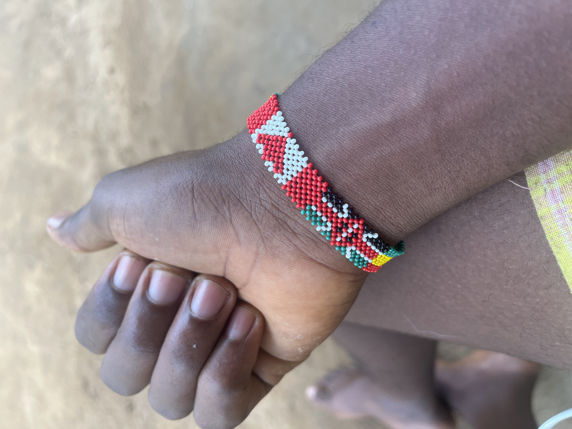 Playful dog and traditional beaded bracelet captured in Nigeria