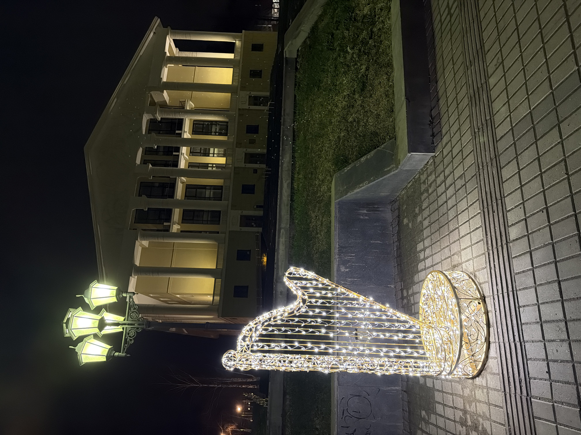 Illuminated musical sculptures displayed along Votkinsk Russia waterfront embankment