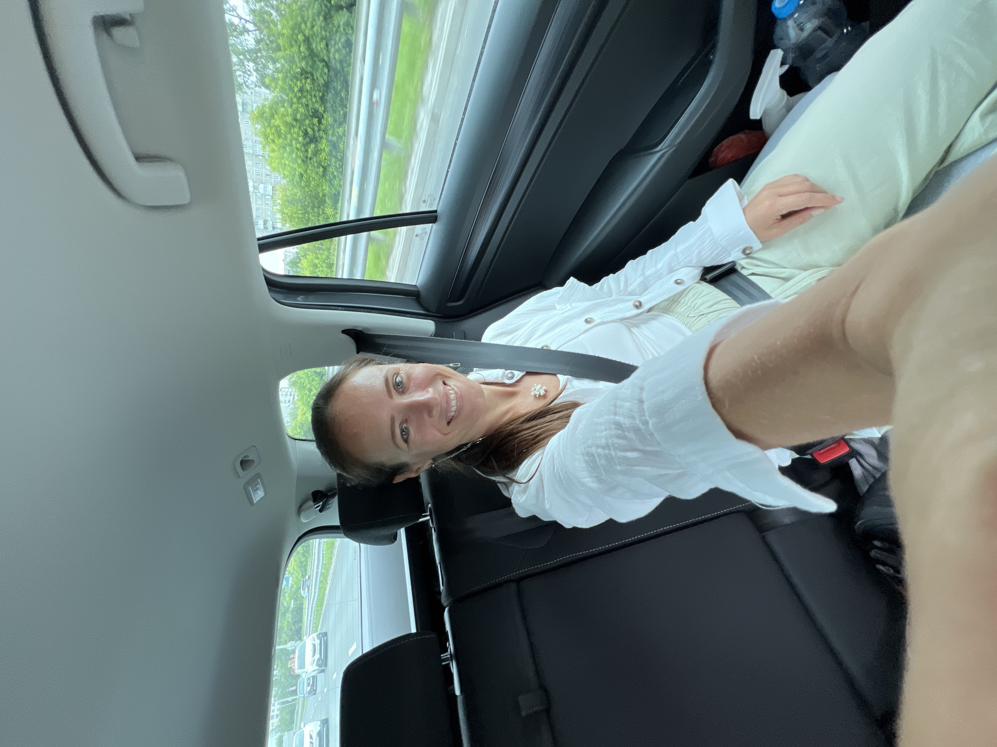 Back-seat selfie on the road into Yekaterinburg
