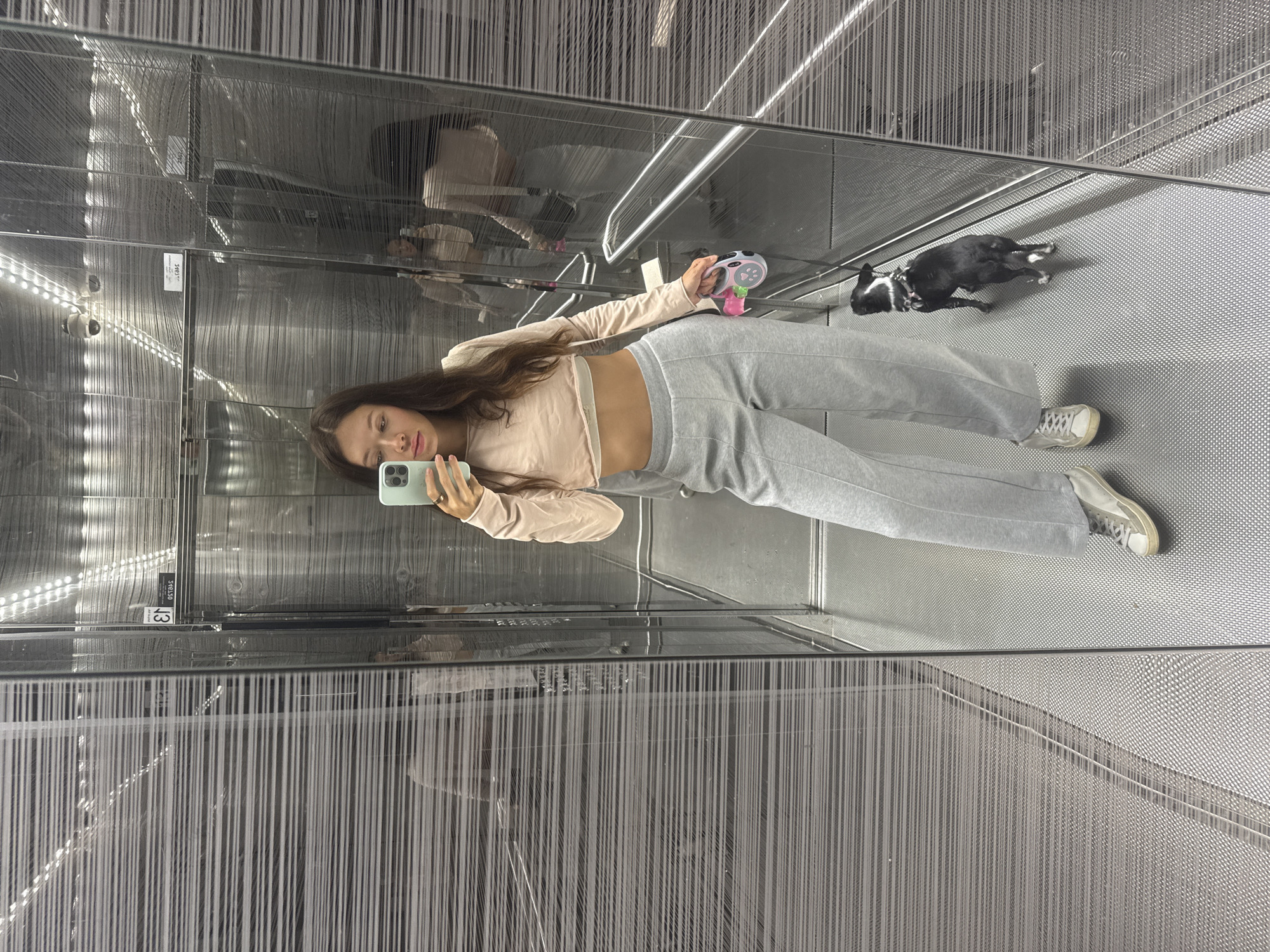 Elevator mirror selfie in a pink crop top and sweats.