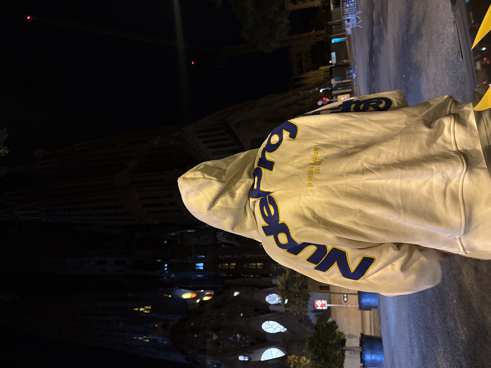 Night stop at Sagrada Família, hoodie in the foreground