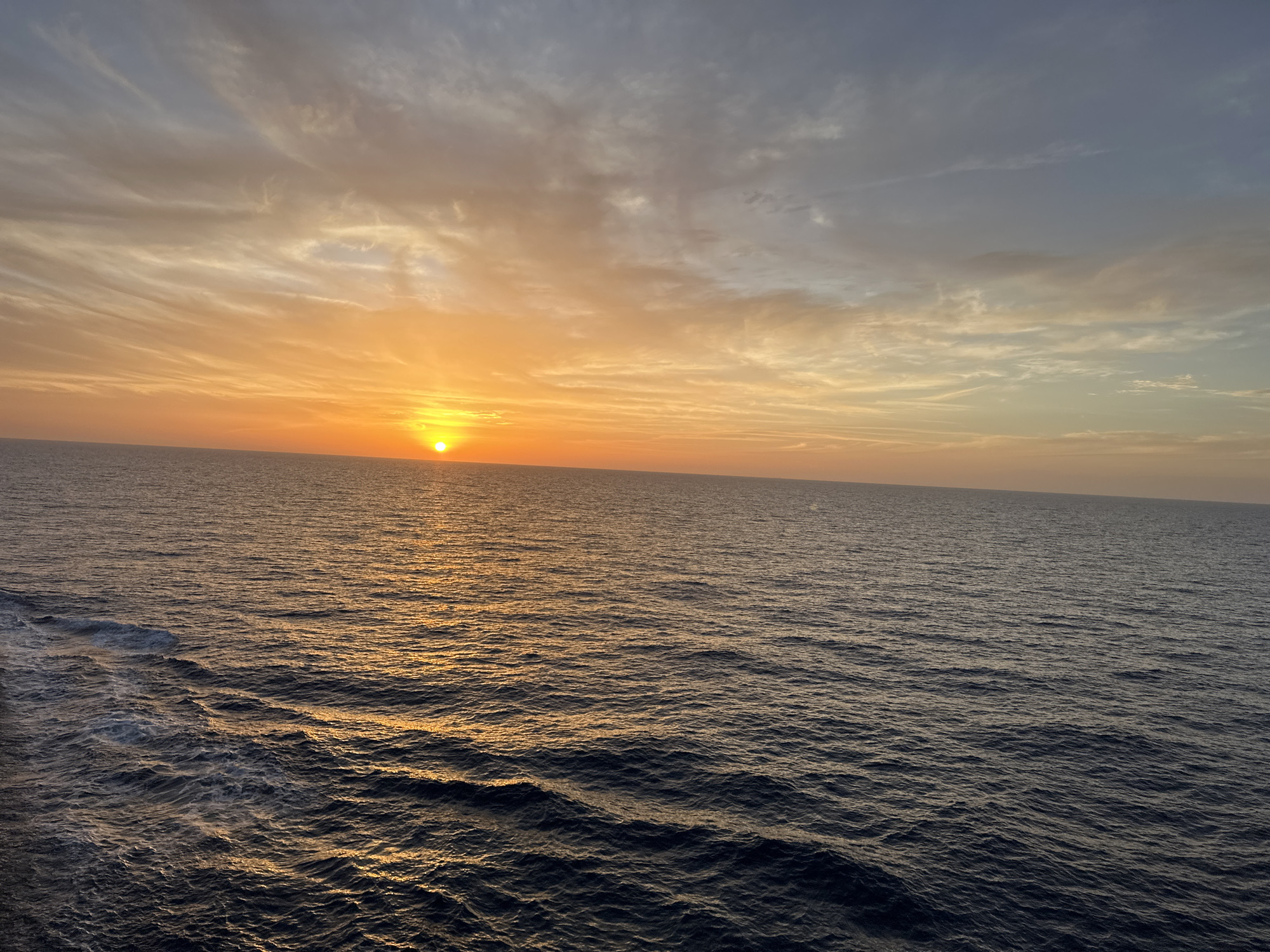 Sunset observed from cargo ship deck in Mediterranean waters