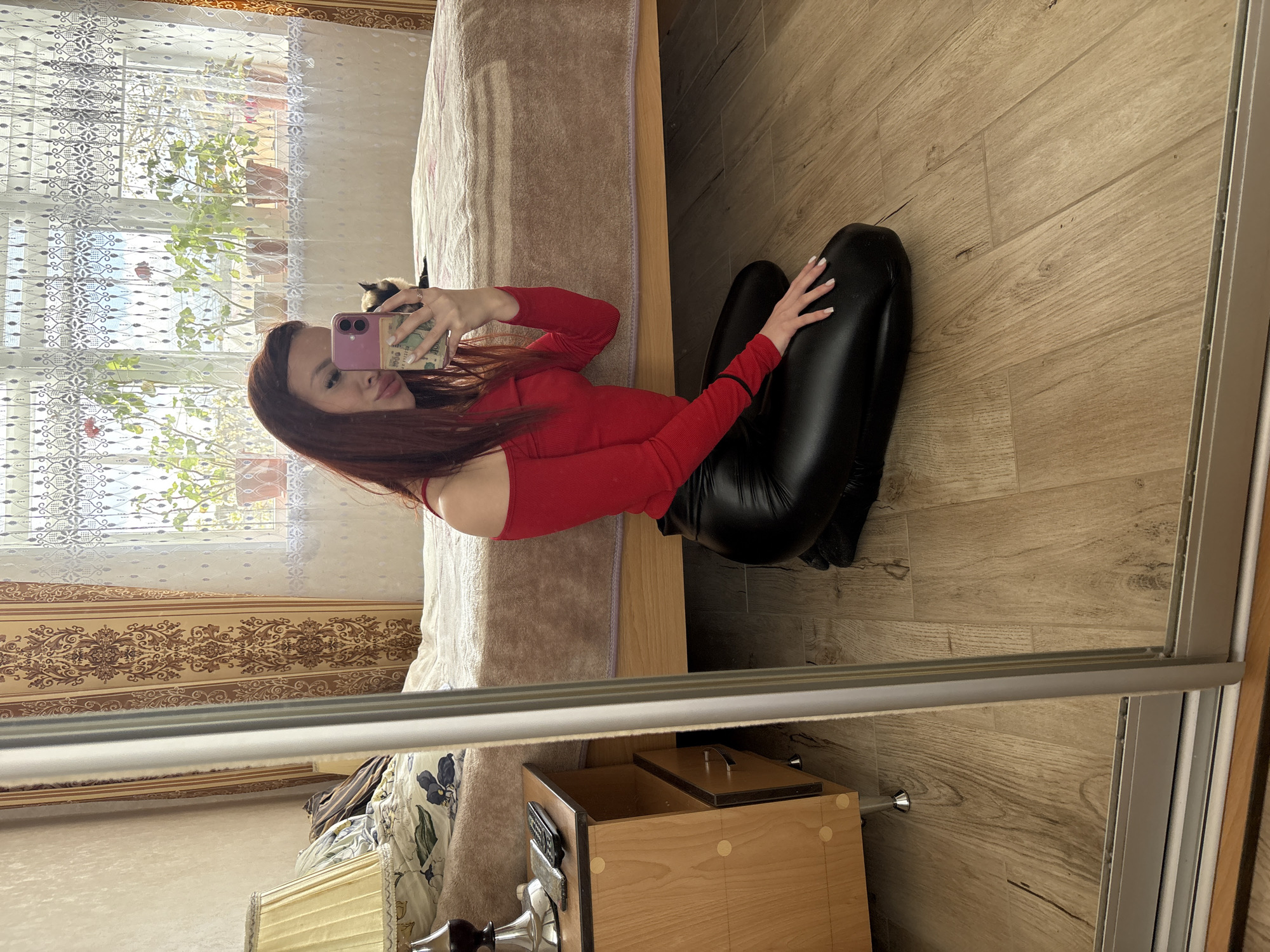 Woman photographs herself with Siamese cat in Simferopol home