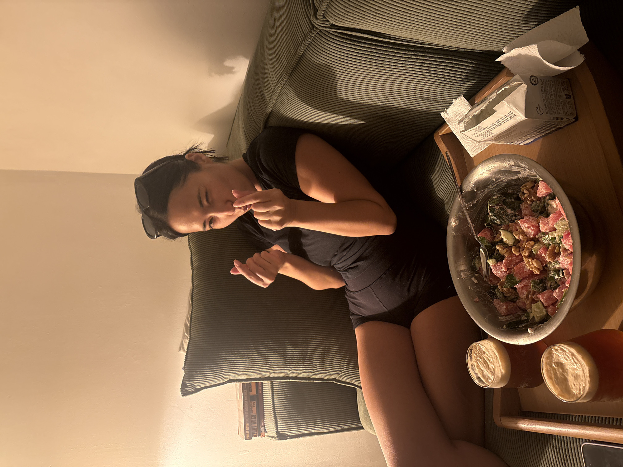 Tel Aviv evening: couch, sunset streets, and a bowl of dip