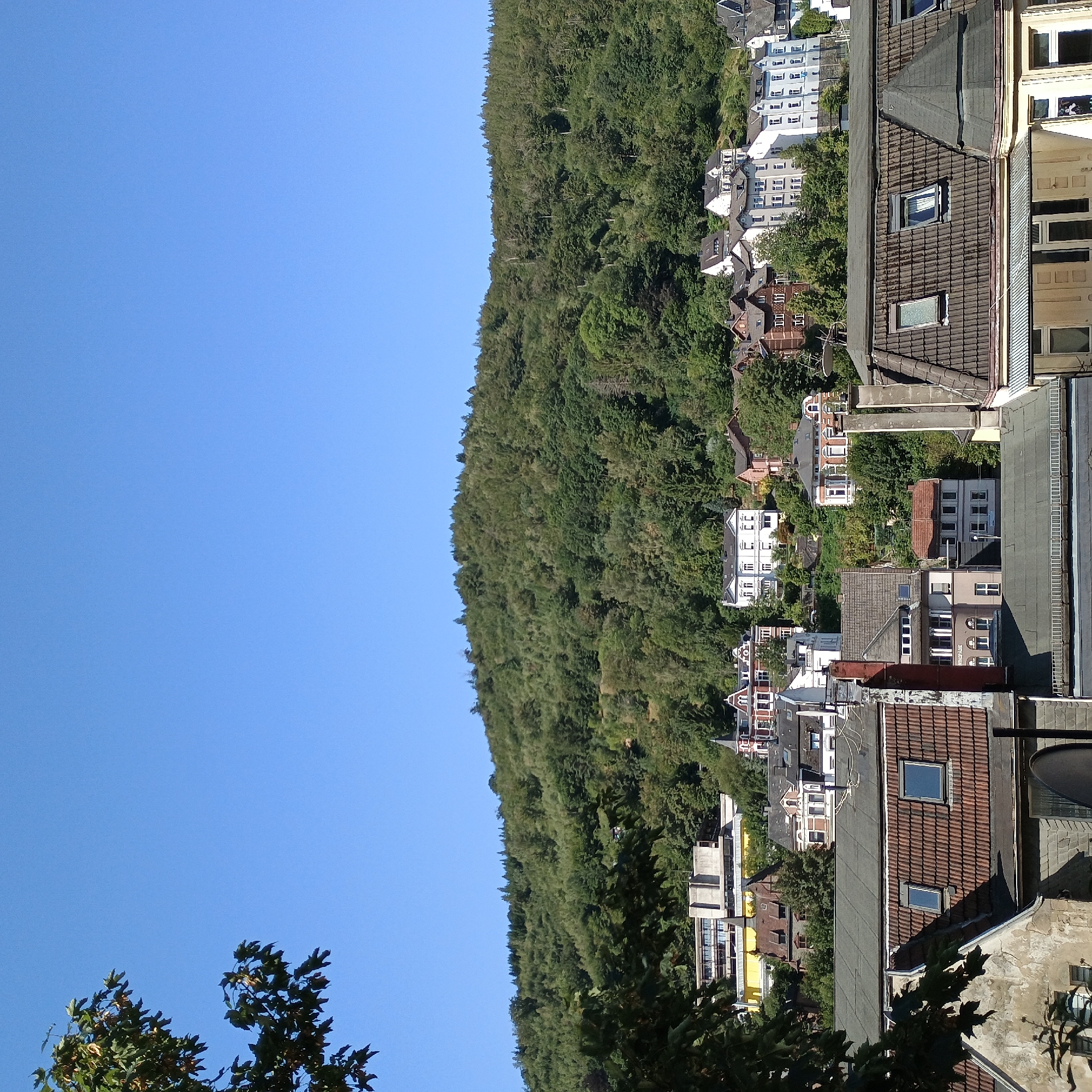 Altena rooftops and wooded hillside on a clear summer morning