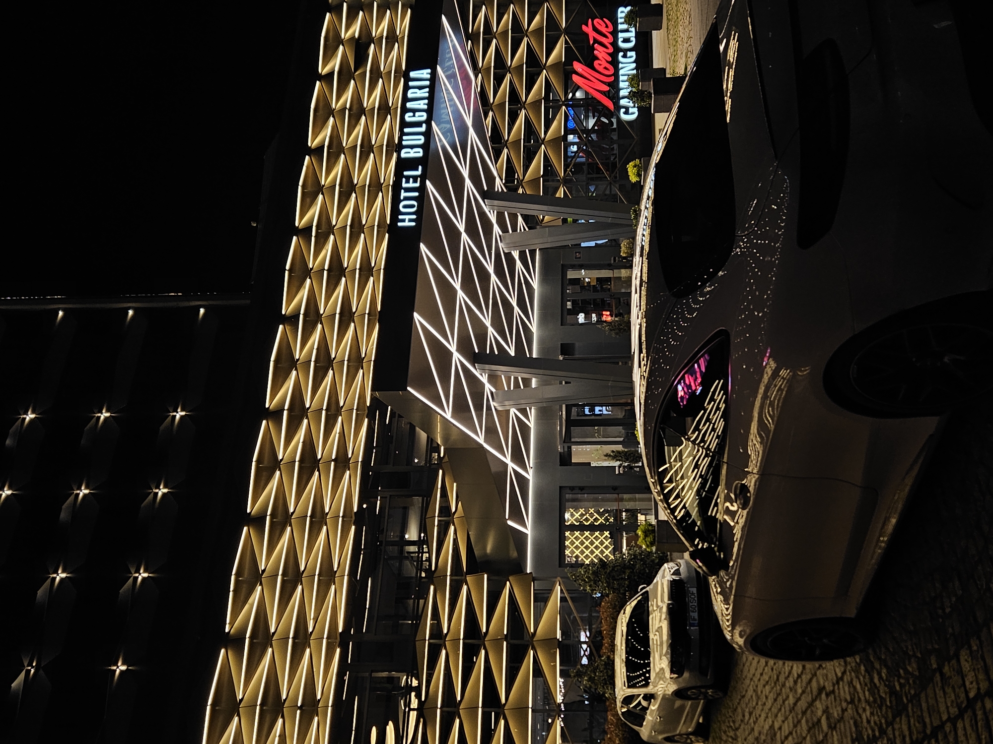 Hotel Bulgaria's geometric light display photographed in Burgas