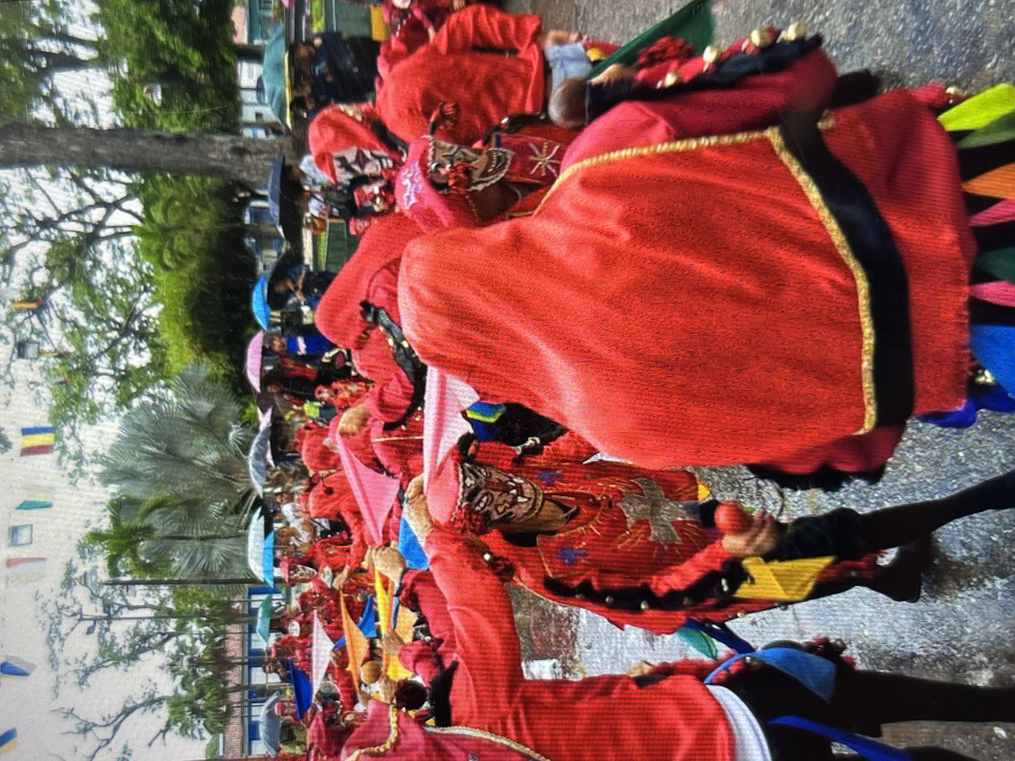 Tinaquillo street festival, red costumes and bougainvillea in bloom