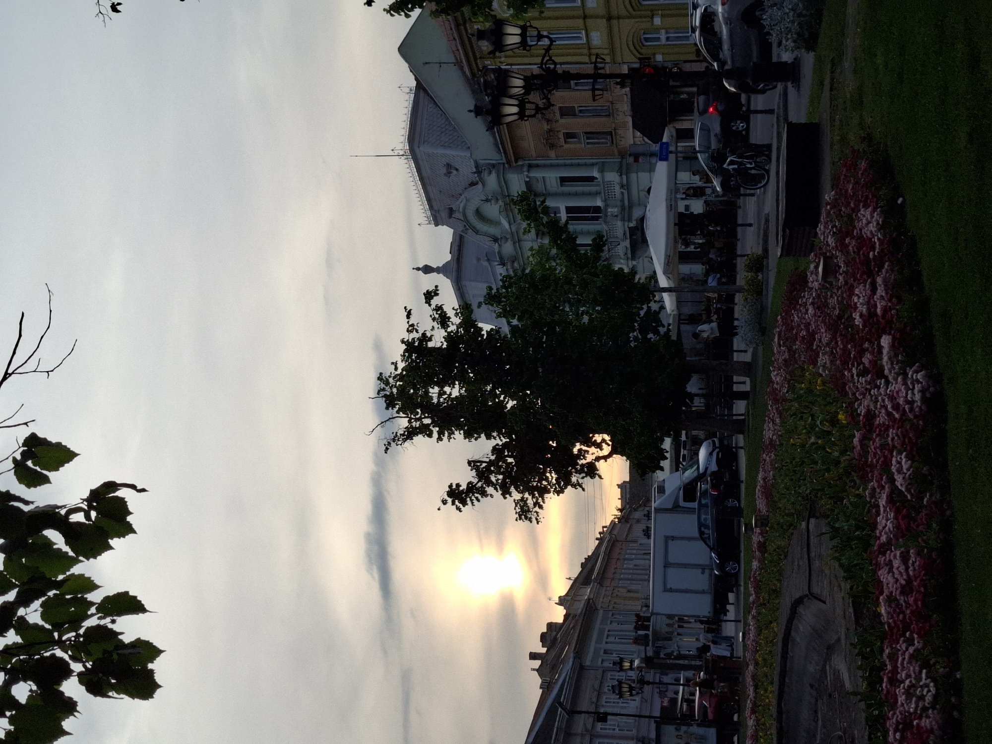 Sunset captured along flower-lined street in Novi Sad, Serbia