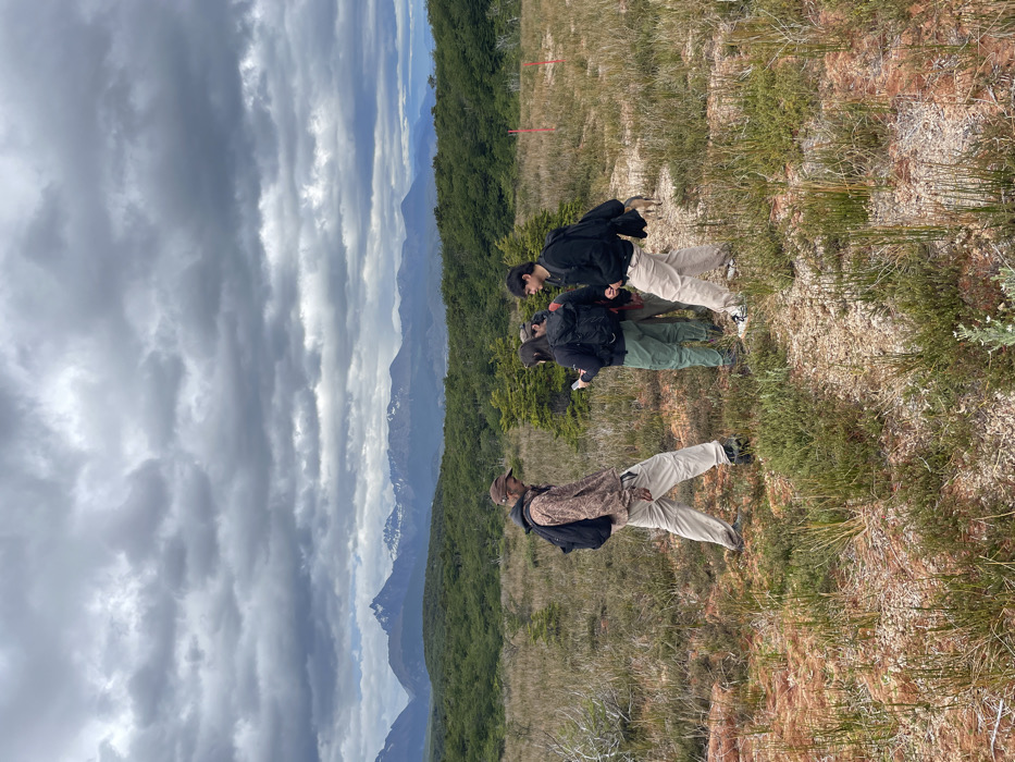 Four people stand facing mountains near Ushuaia under dark skies
