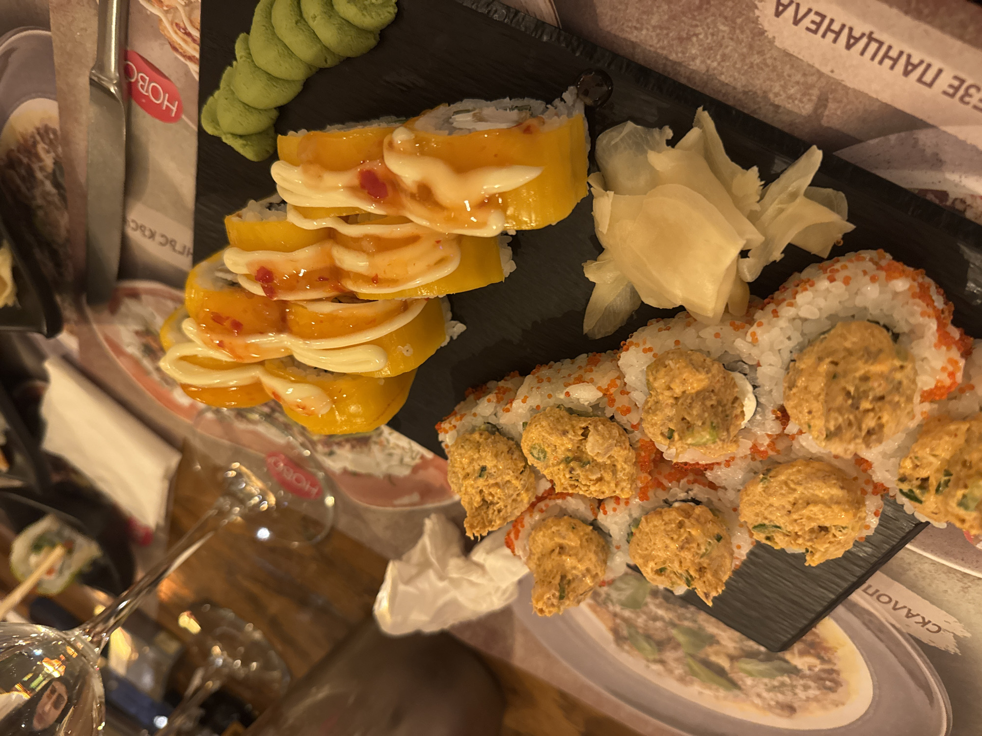 Two men share sushi dinner at Bansko restaurant