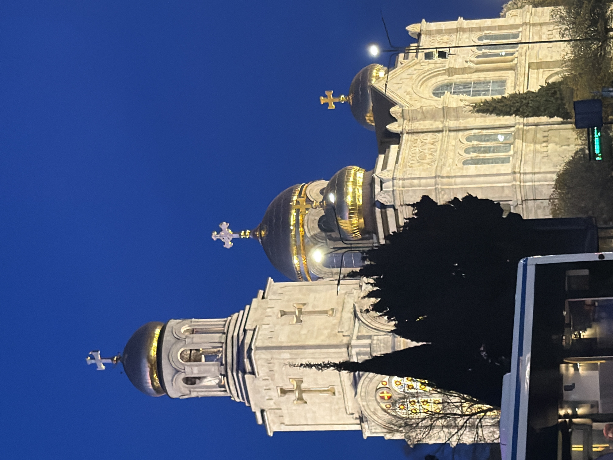 Cathedral's golden domes photographed at night in Varna