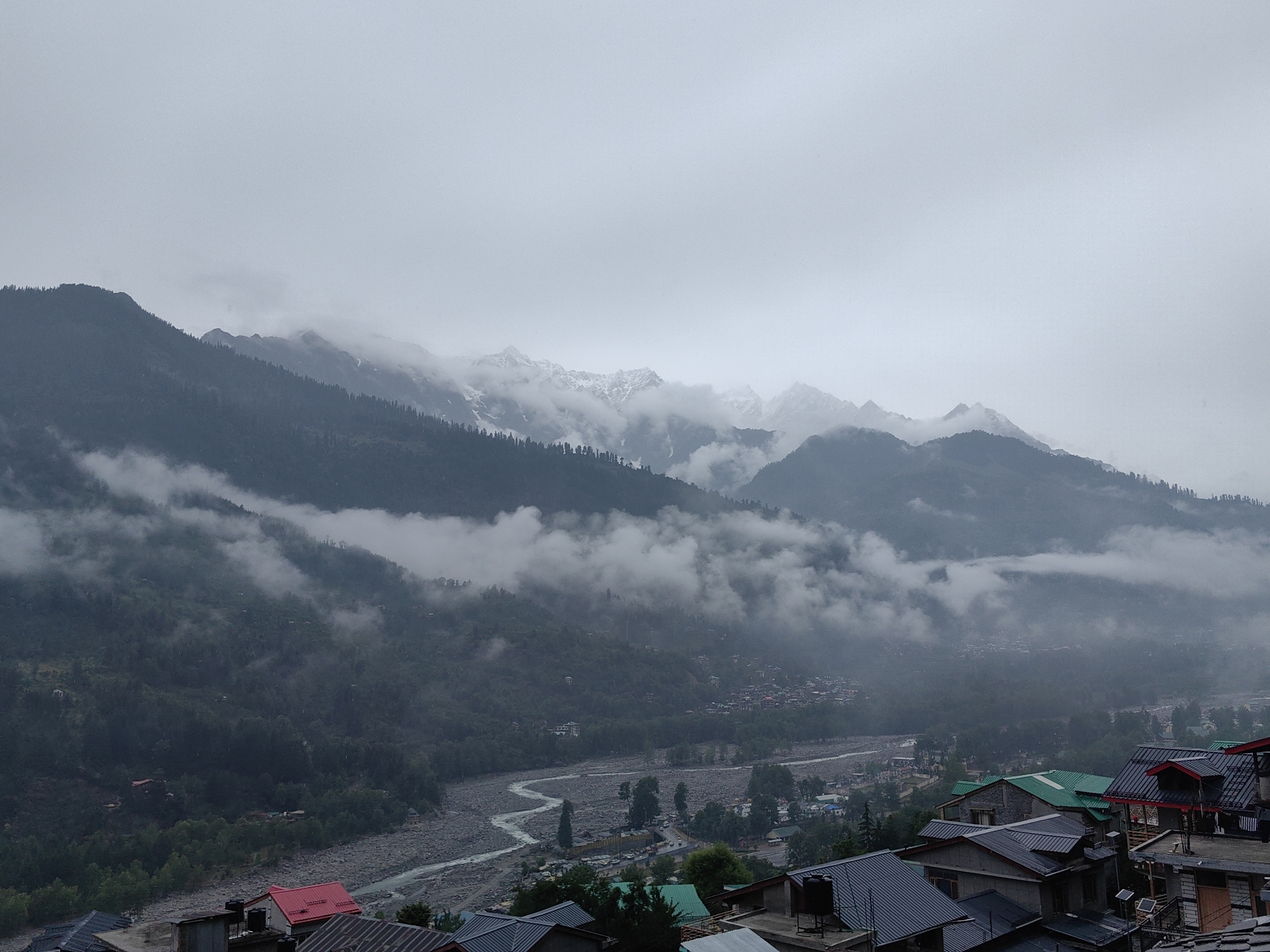 Misty mountain views documented in Vashisht, India early morning