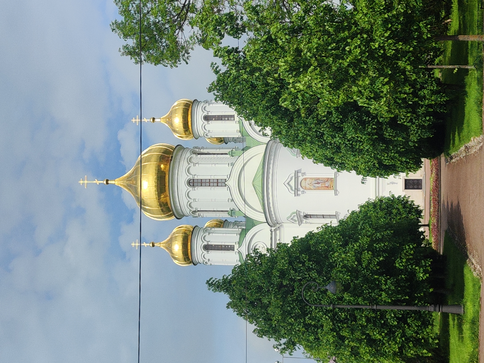 Catherine Cathedral photographed amid spring foliage in Pushkin, Russia