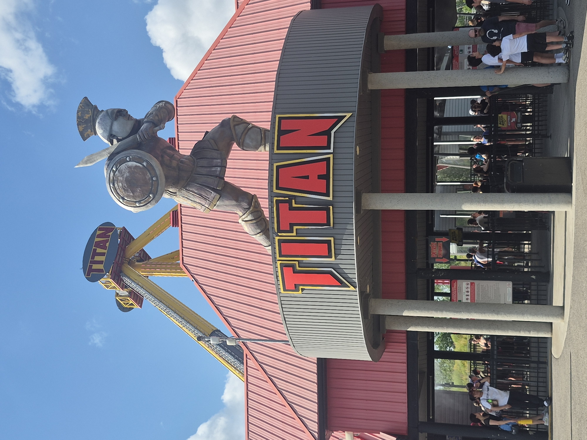 La Ronde's Titan ride and its gladiator entrance on a July evening