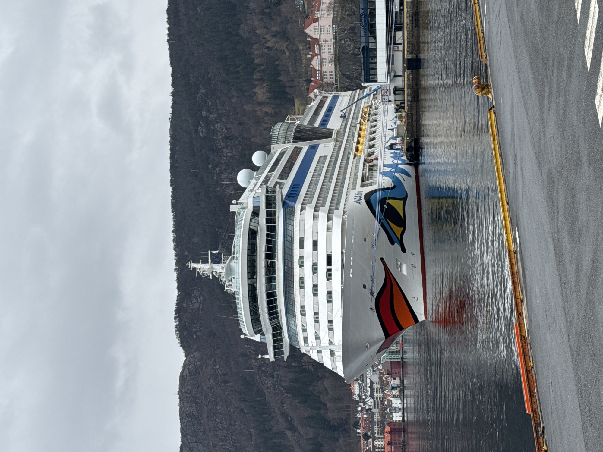Cruise ship with eye design docked in Bergen