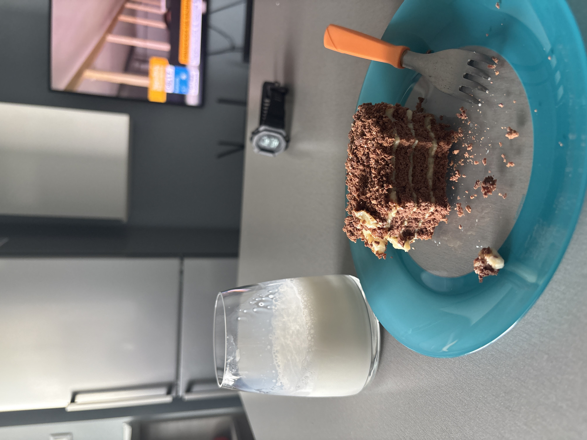 Morning chocolate cake breakfast documented in Sofia apartment