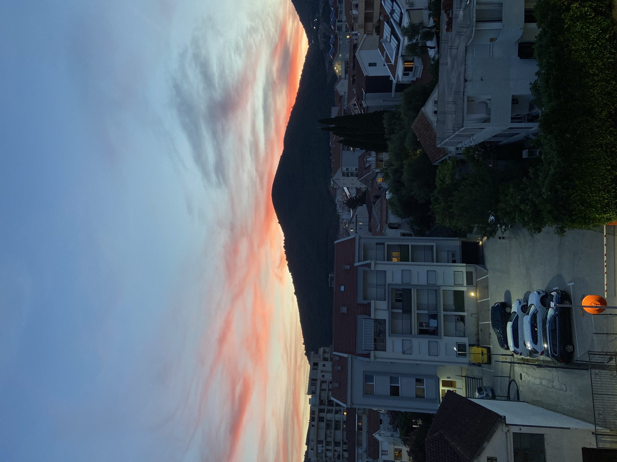 Mixed evening scenes: city skyline, sky views, street art