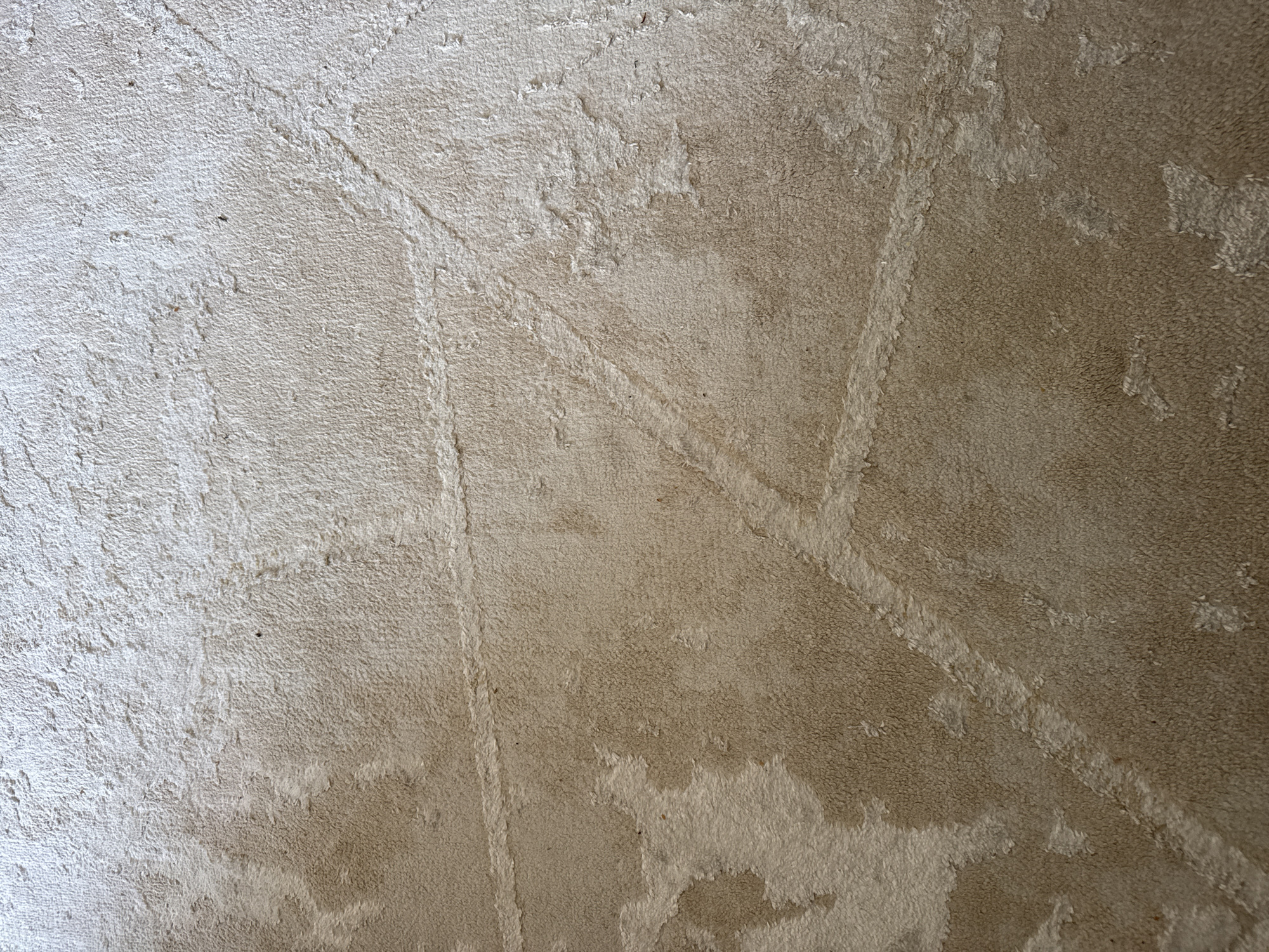 Worn beige carpet with uneven texture and faint diagonal lines