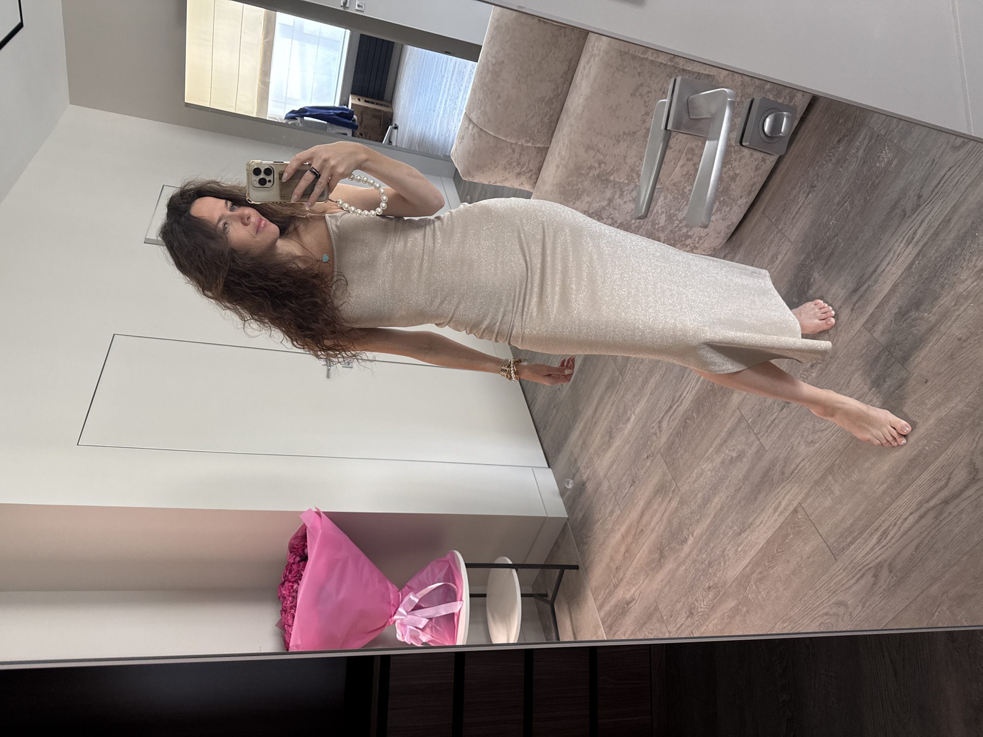 Mirror selfie series in a beige formal dress, getting ready