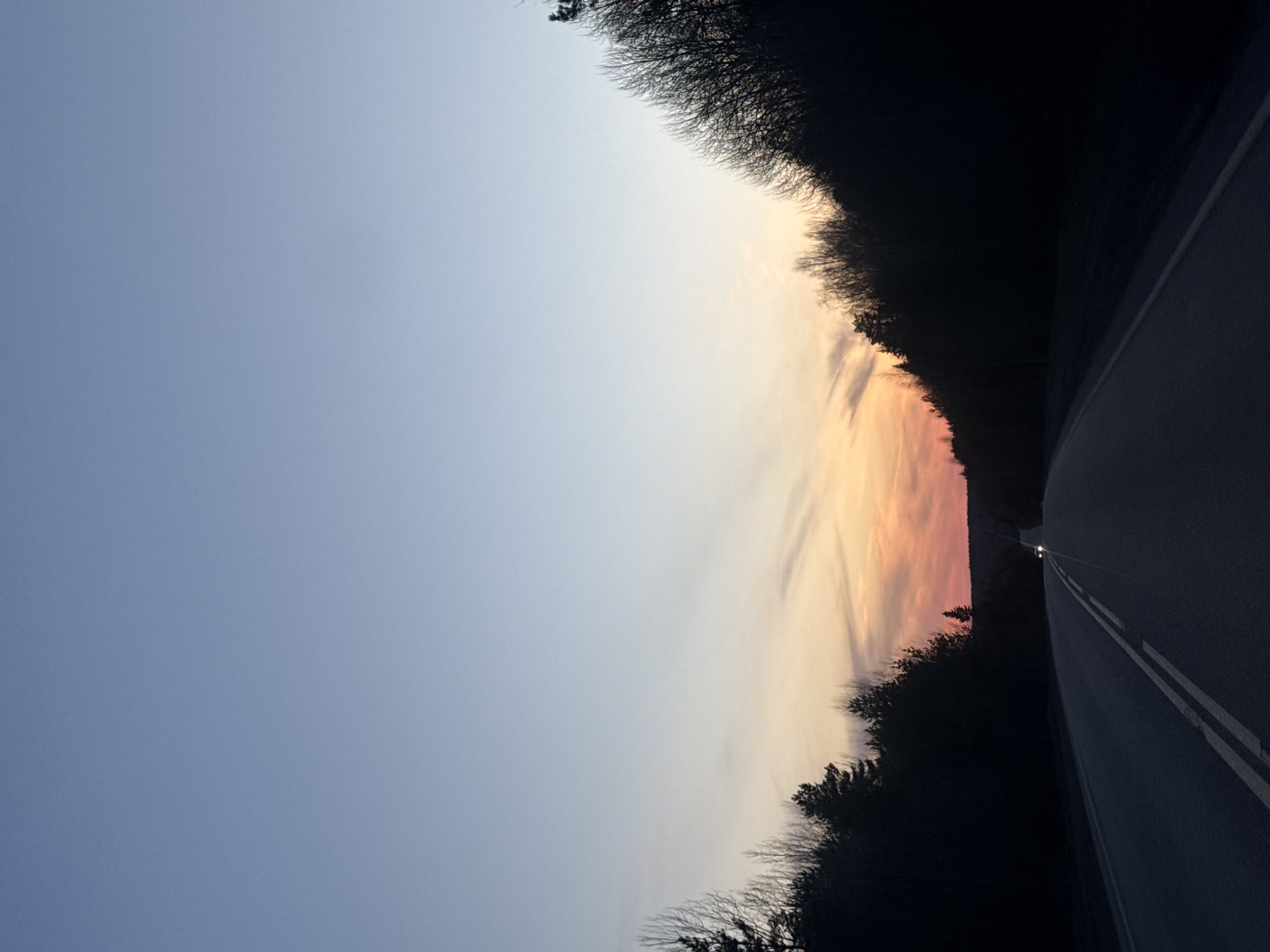 Highway through Russian forest captured during colorful twilight hours