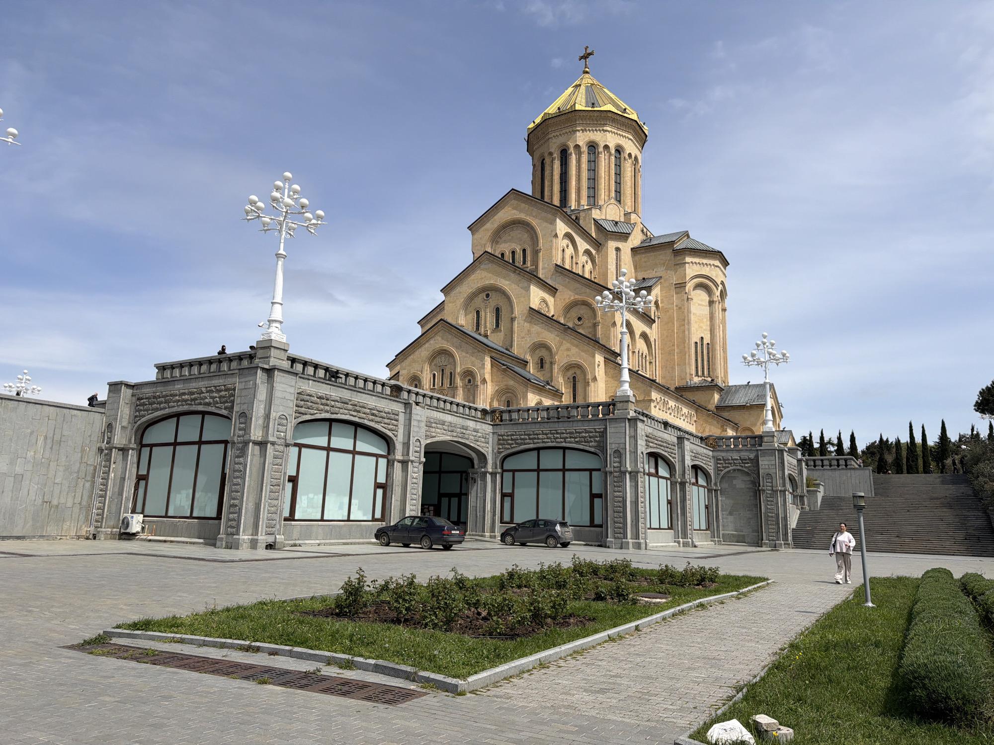 Holy Trinity Cathedral photographed under bright skies in Tbilisi