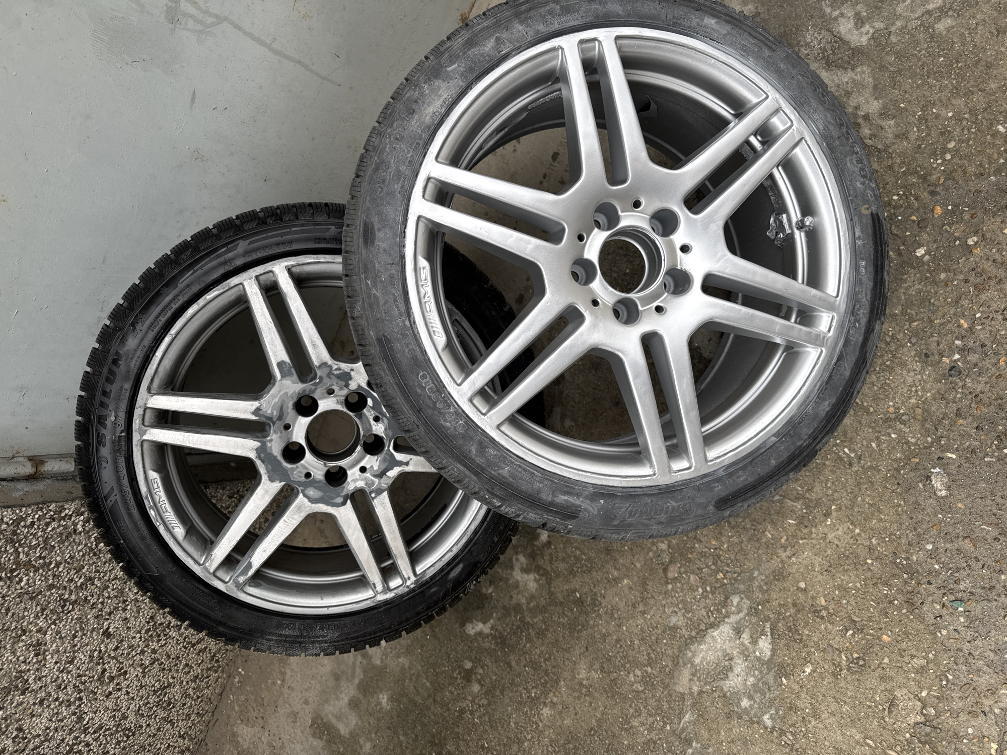 Winter tires and silver wheels observed on concrete in Bulgaria