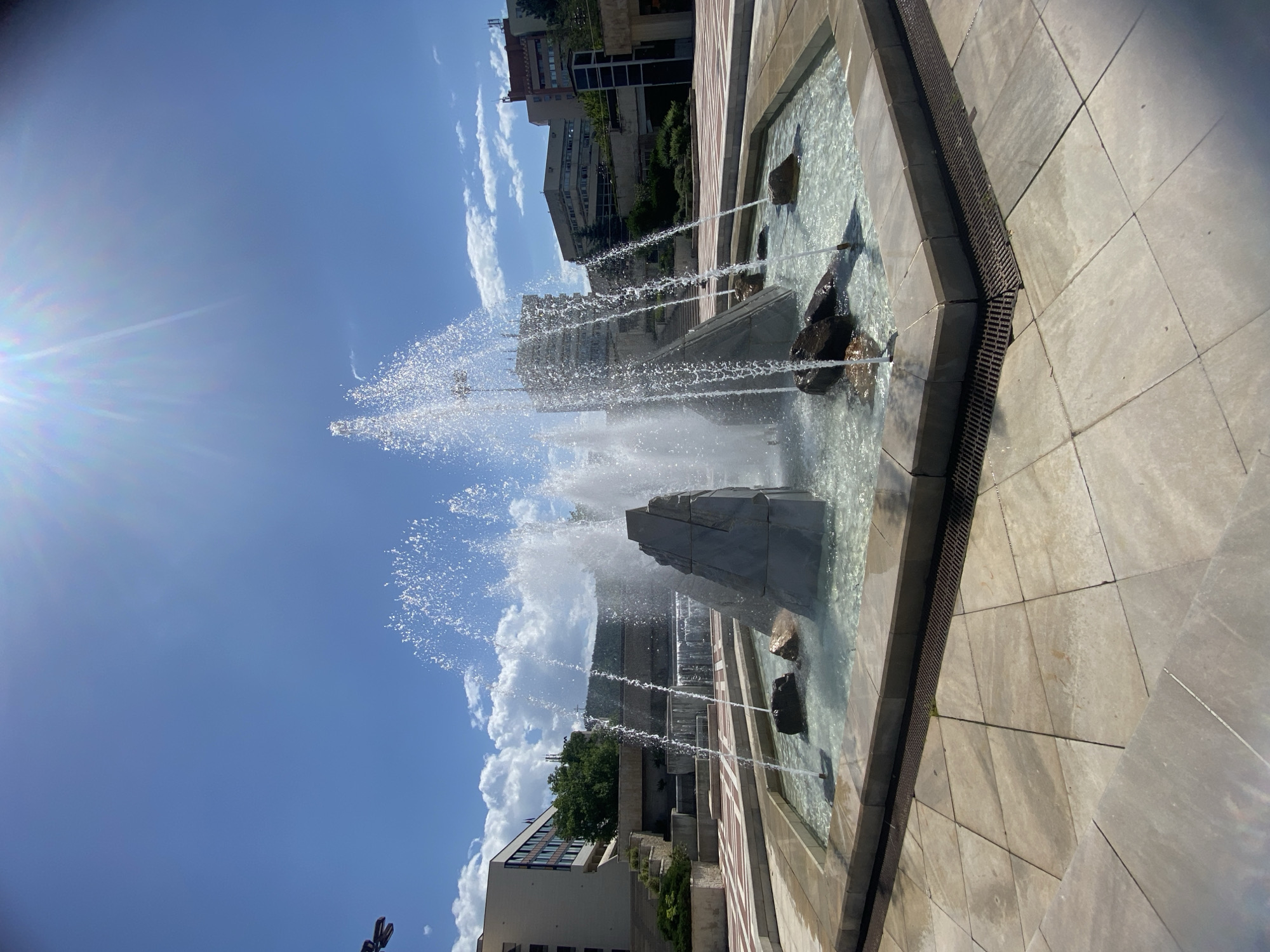 Public fountain documented in Blagoevgrad square on sunny morning