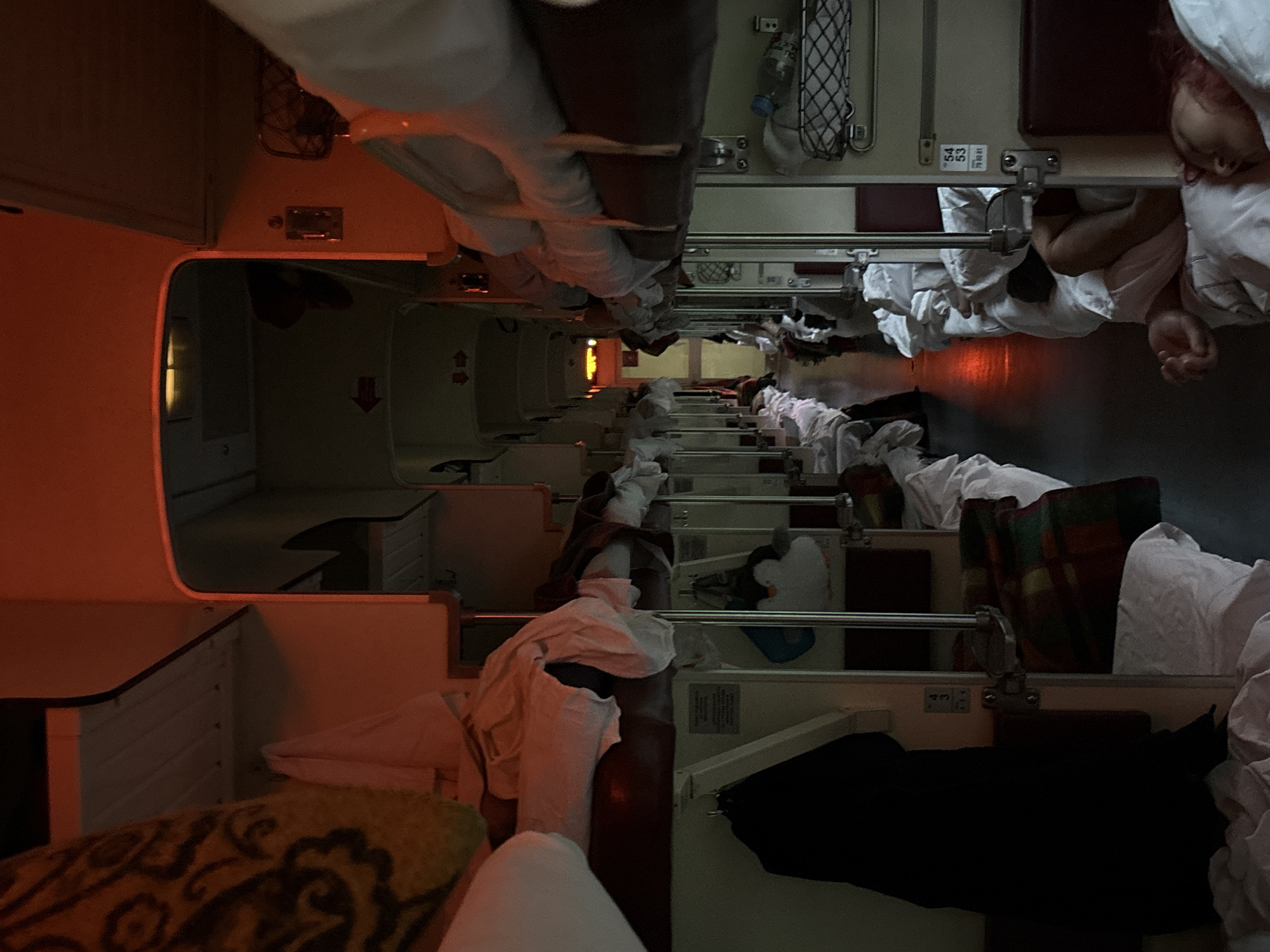 Sleeper train rolls through Russia at sunset