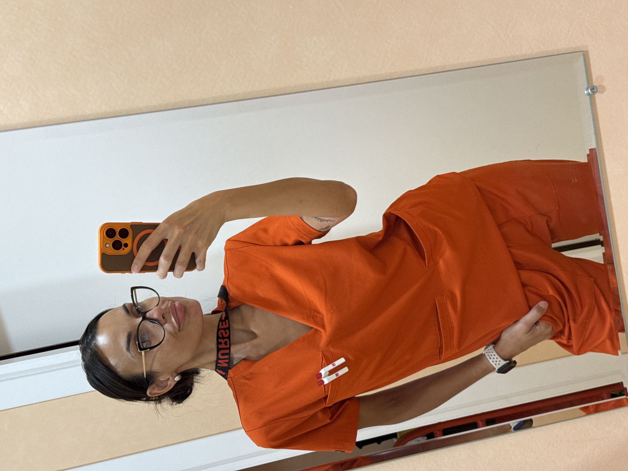 Nurse takes selfies in scrubs, Pleven, Bulgaria