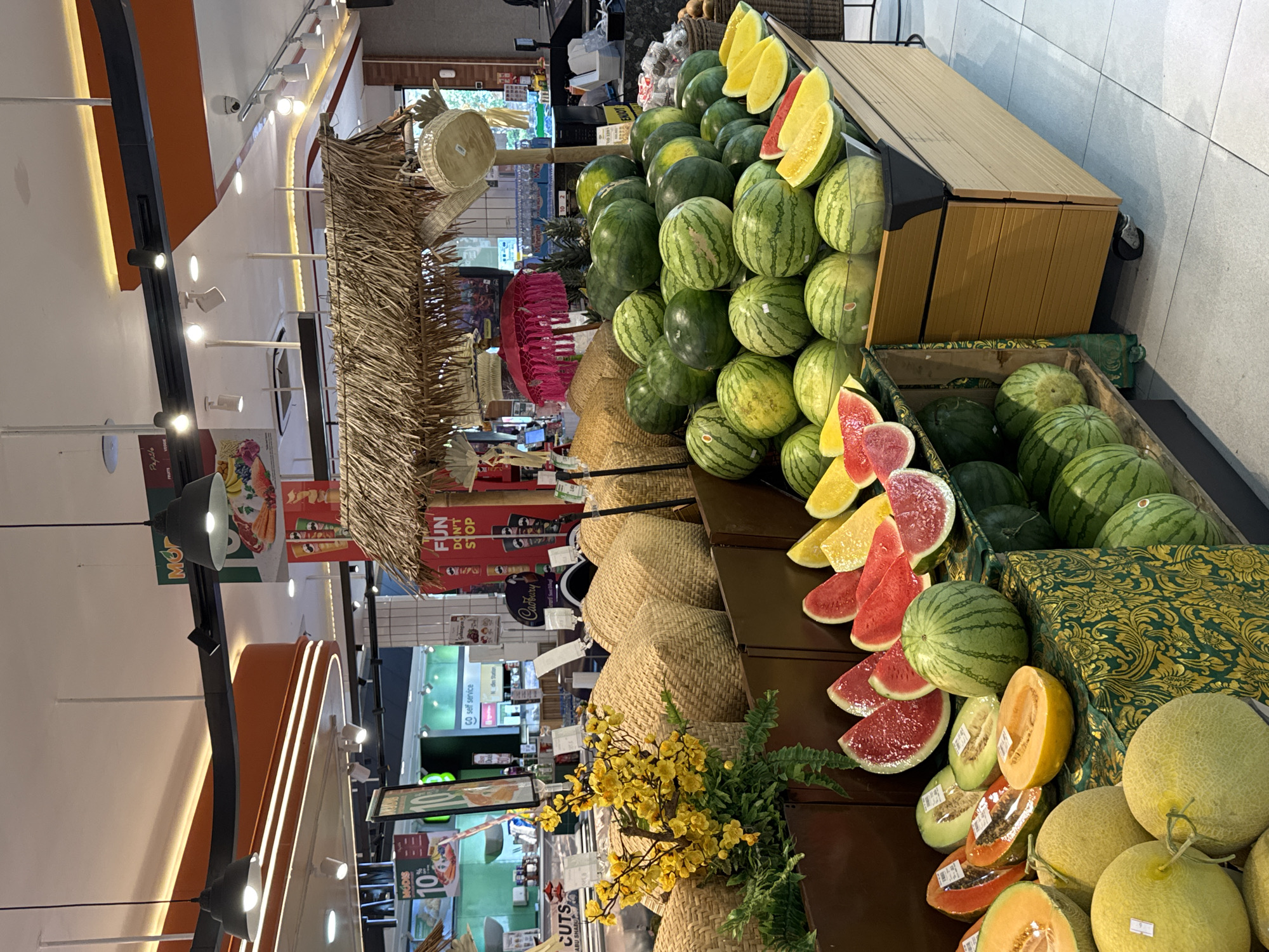 Tropical fruit and veg display inside a North Kuta supermarket