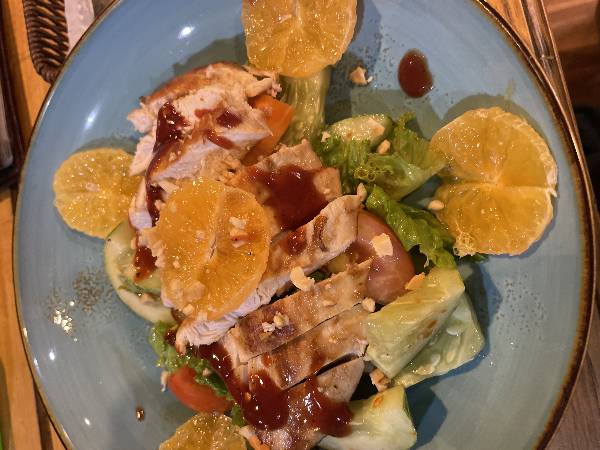 Grilled chicken salad served in Pokhara, Nepal