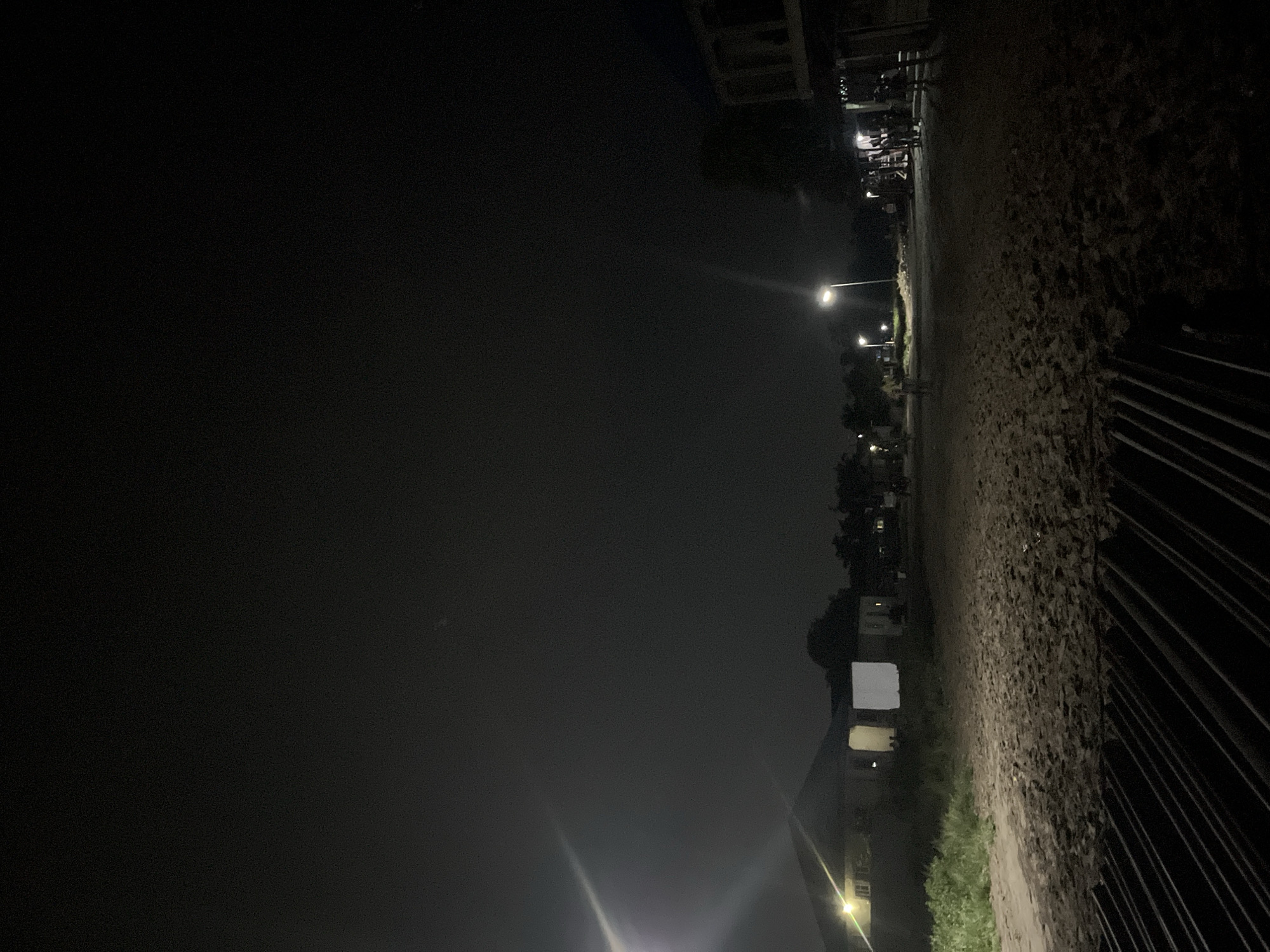 Nighttime street scene with illuminated murals documented by witness