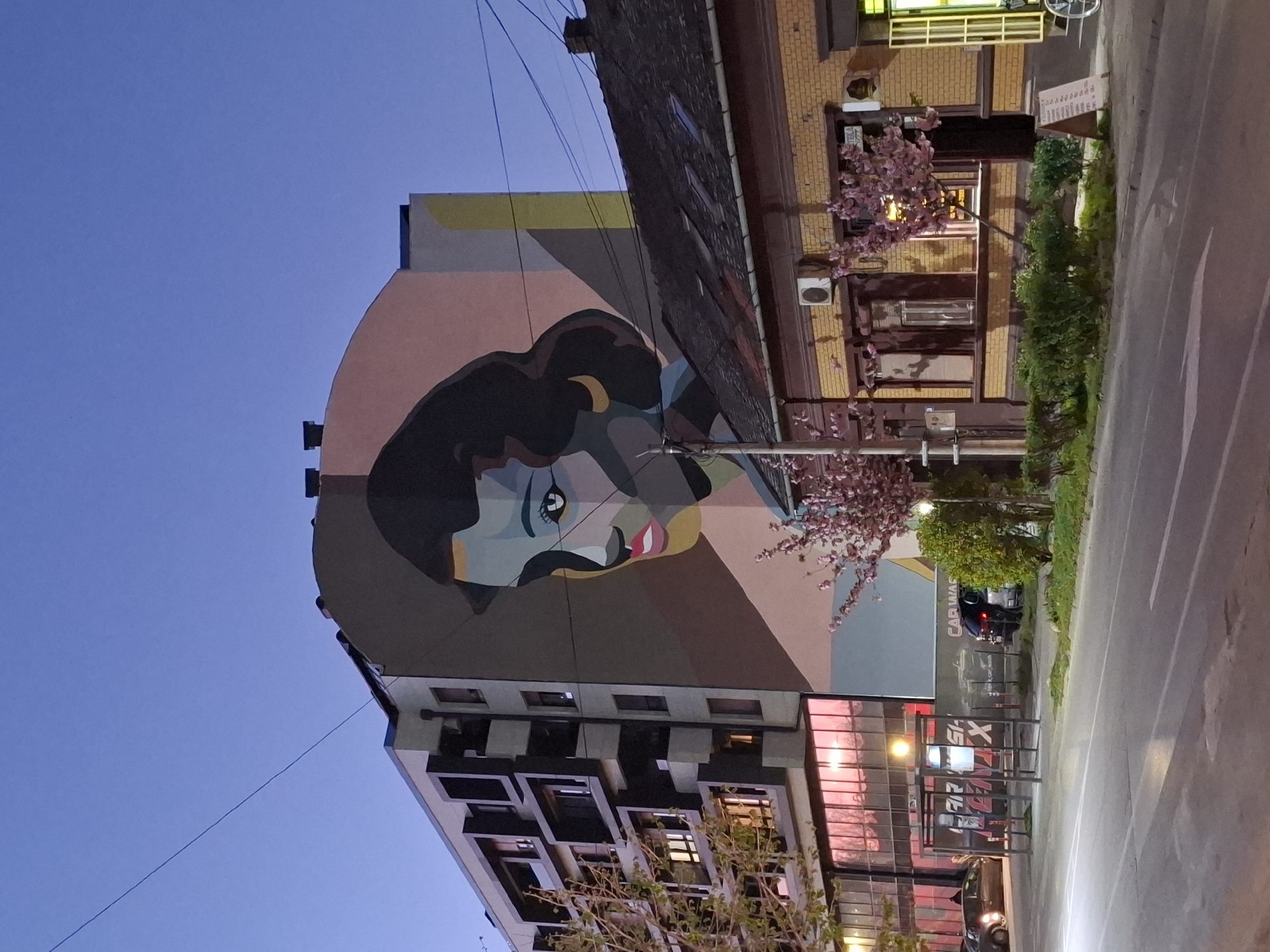 Evening street crossing observed near mural in Novi Sad