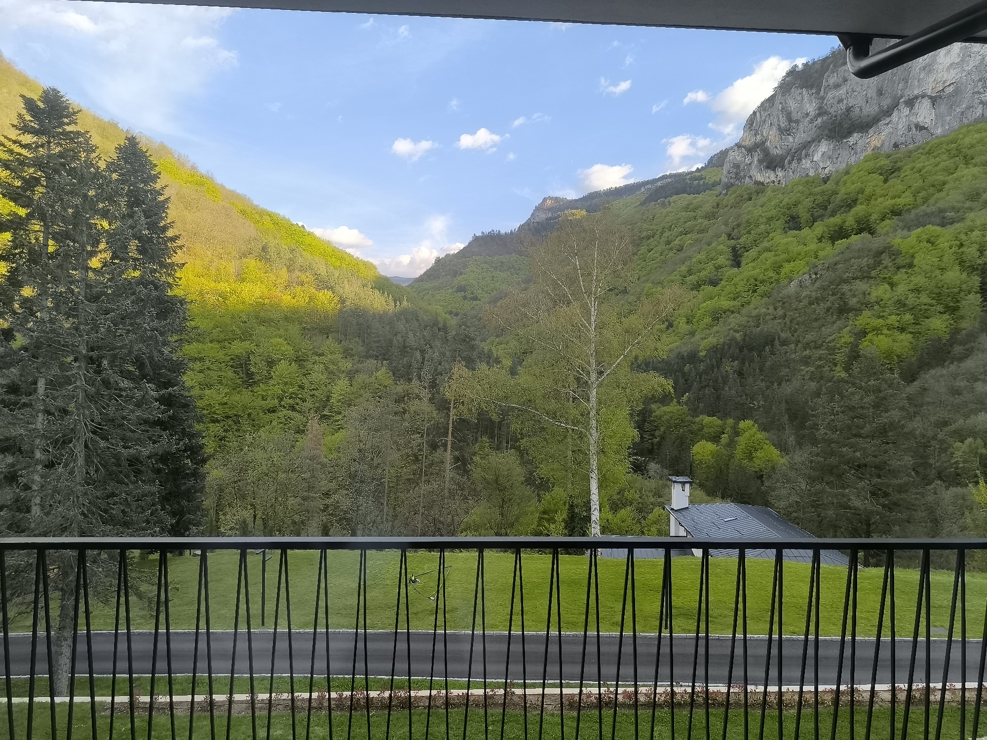 Balcony view captured overlooking mountains near Bulgarian spa town