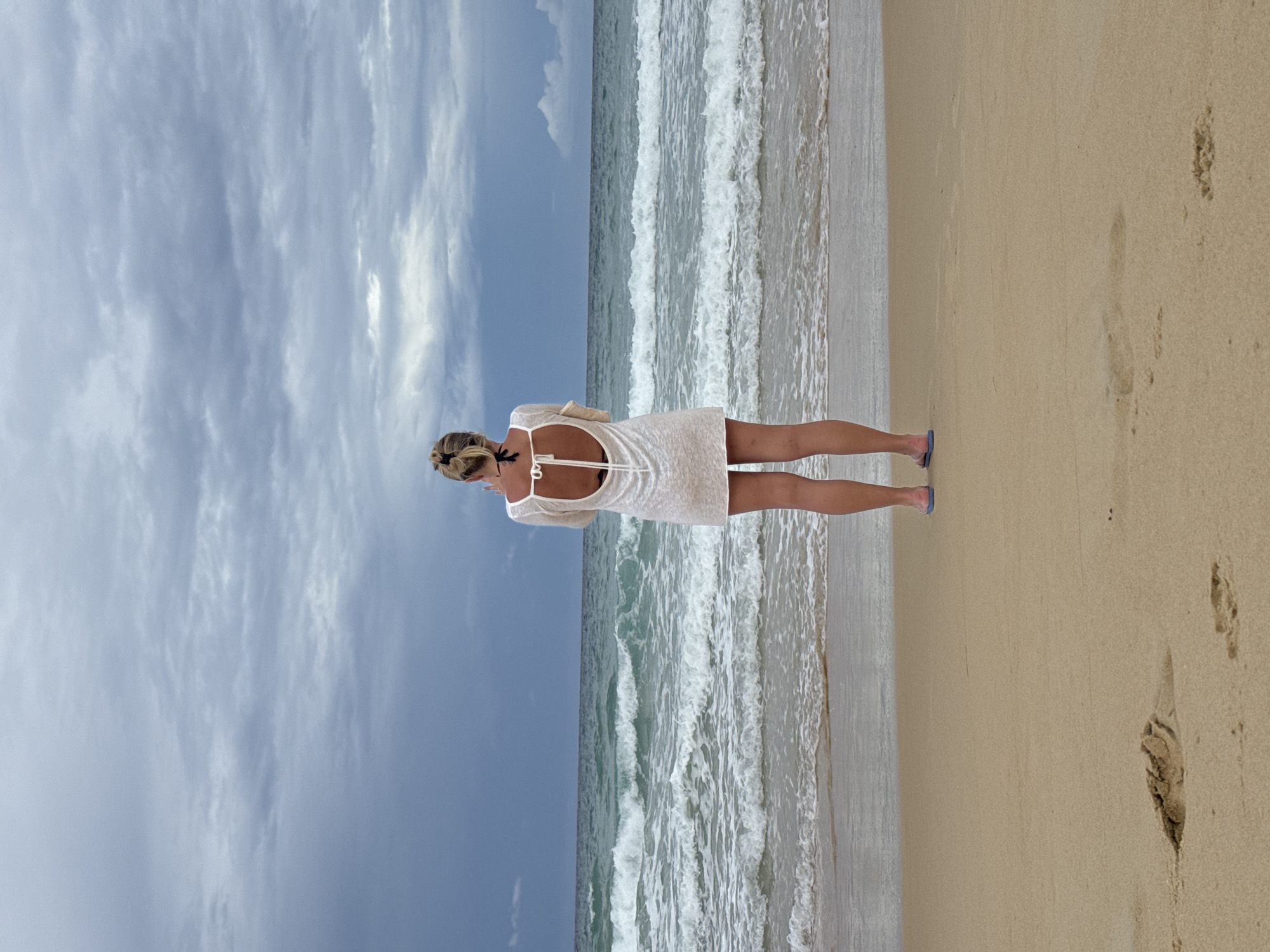 Dogs, birds, and quiet waves on a cloudy Karon Beach
