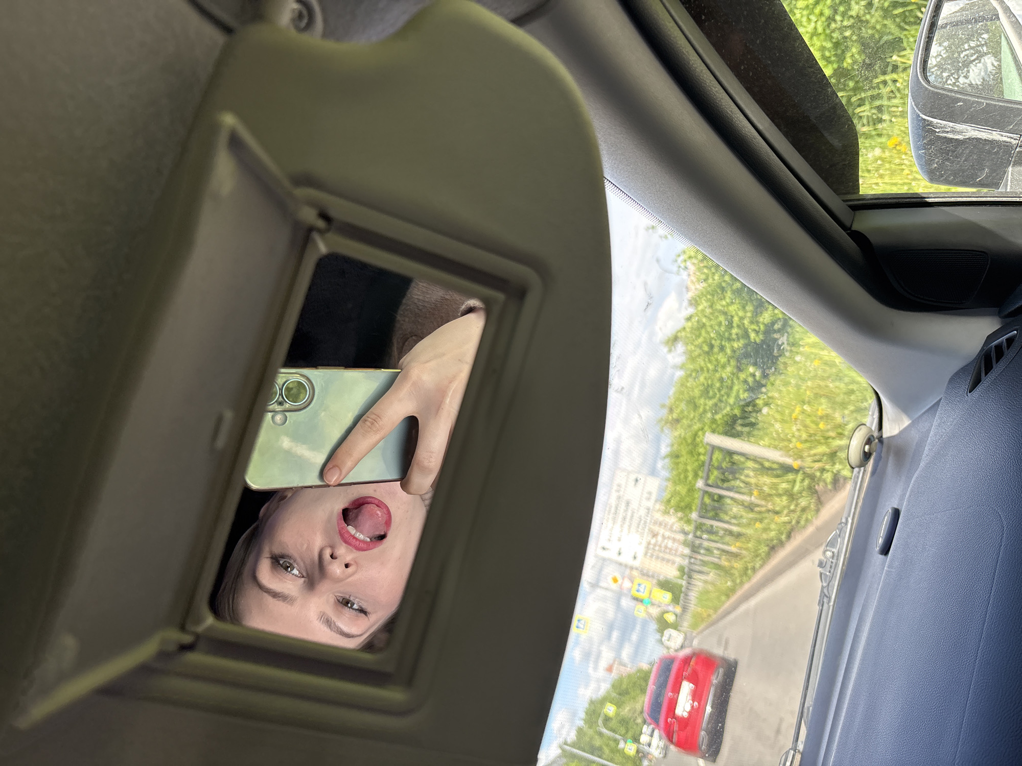 Spring car journey documented through selfies and street scenes